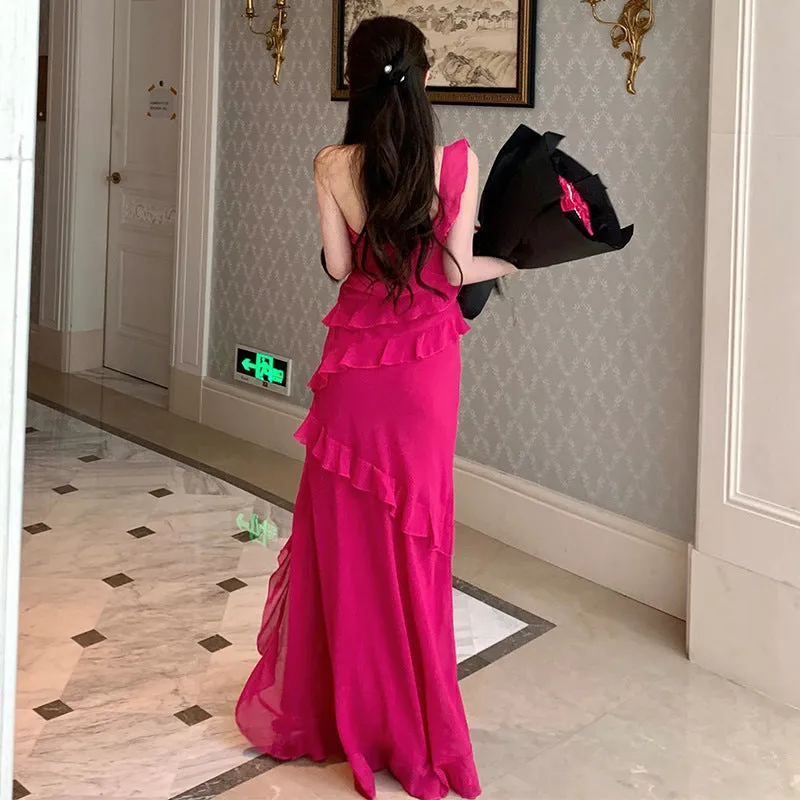 French One Shoulder Dress Women 2023 Summer New Rose Red Slit Long Dress 371