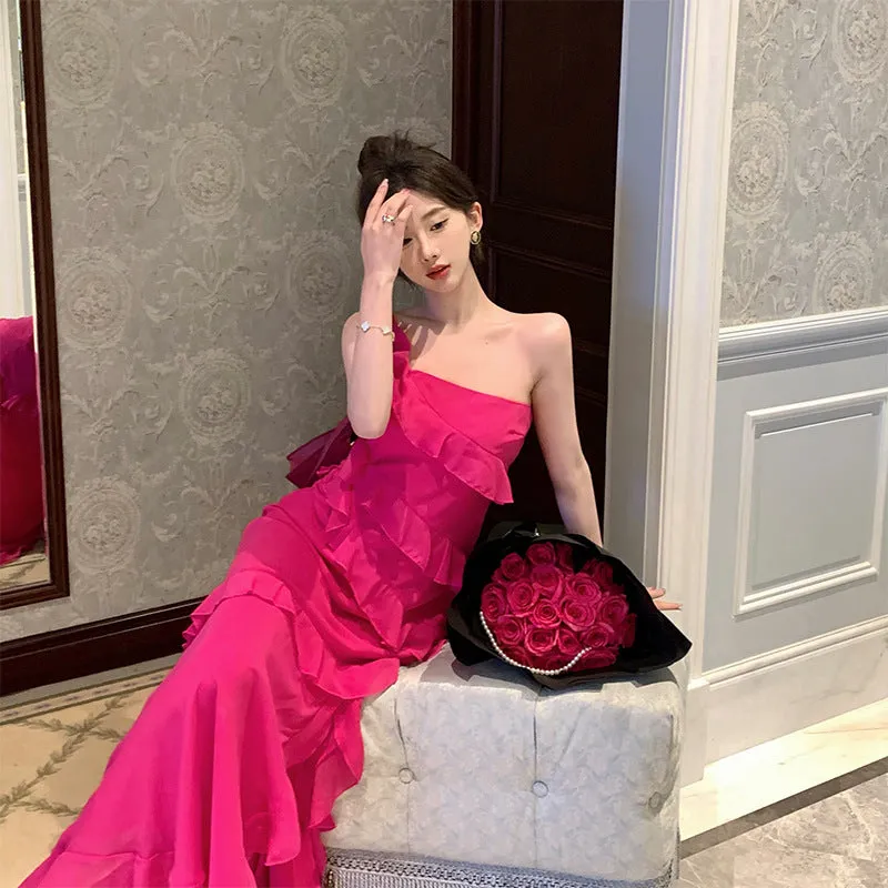 French One Shoulder Dress Women 2023 Summer New Rose Red Slit Long Dress 371