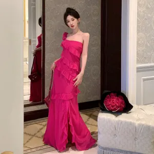 French One Shoulder Dress Women 2023 Summer New Rose Red Slit Long Dress 371