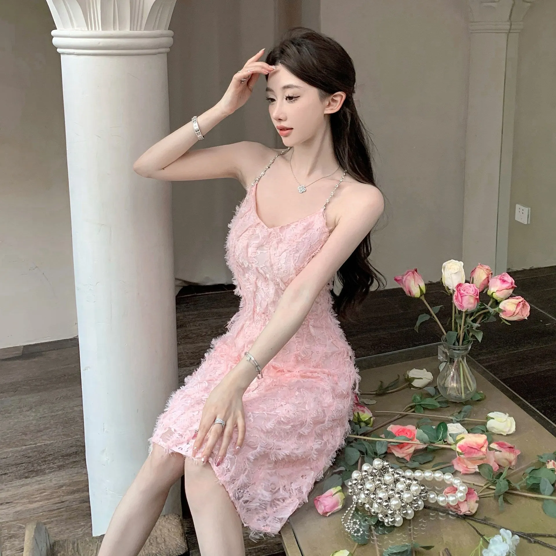 French Pink Feather Tassel Spaghetti Strap Dress 816