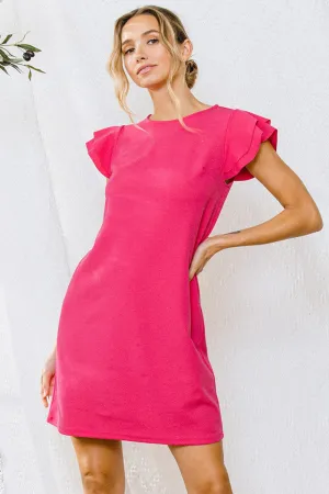 Fuchsia Ruffle Sleeves Solid Tunic Dress