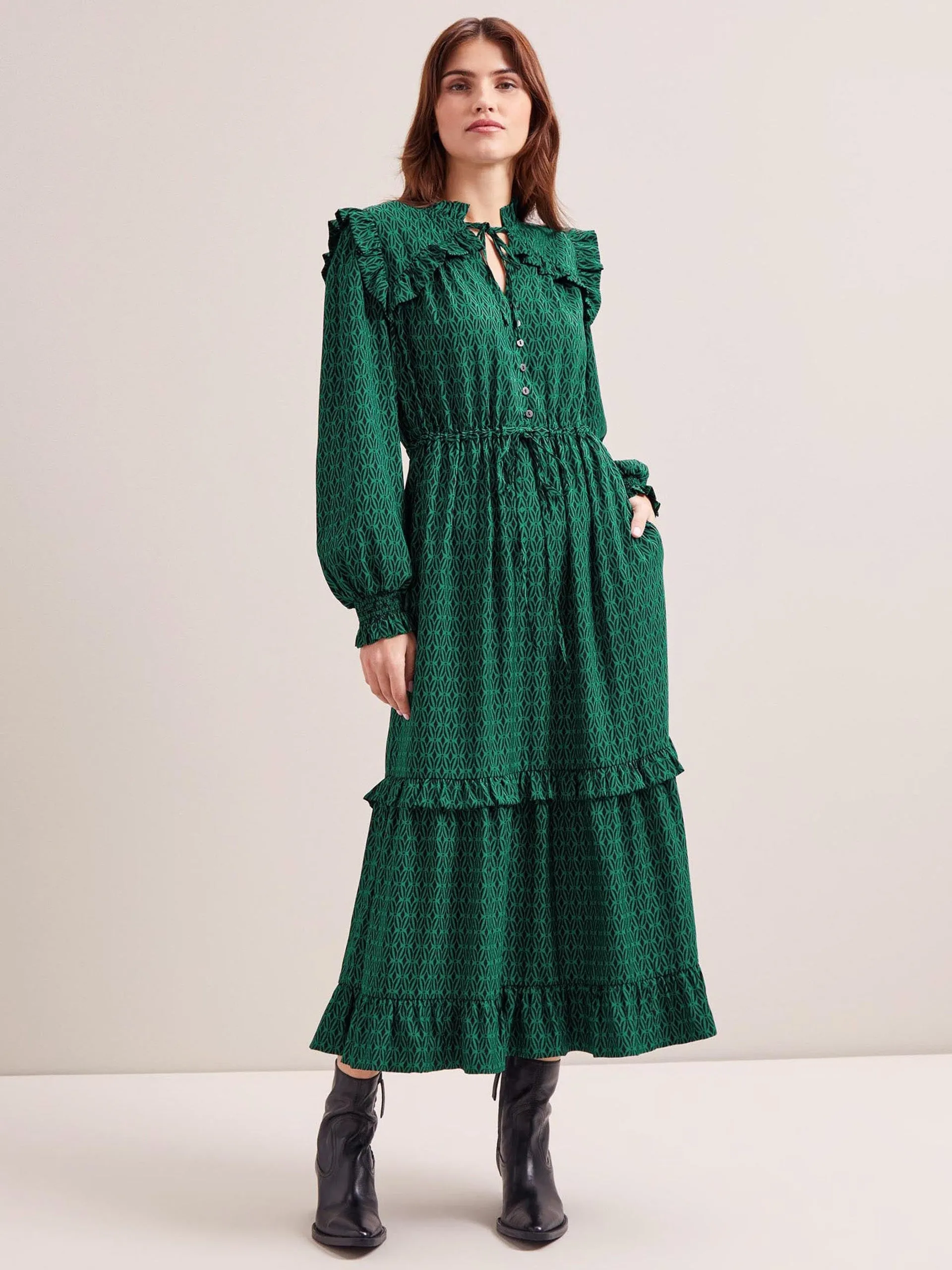 Green and black trellis print Loretta maxi dress