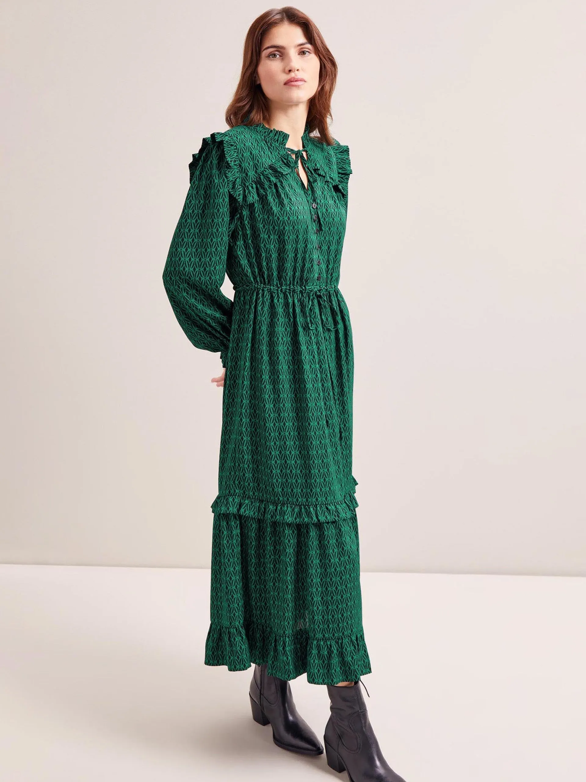 Green and black trellis print Loretta maxi dress