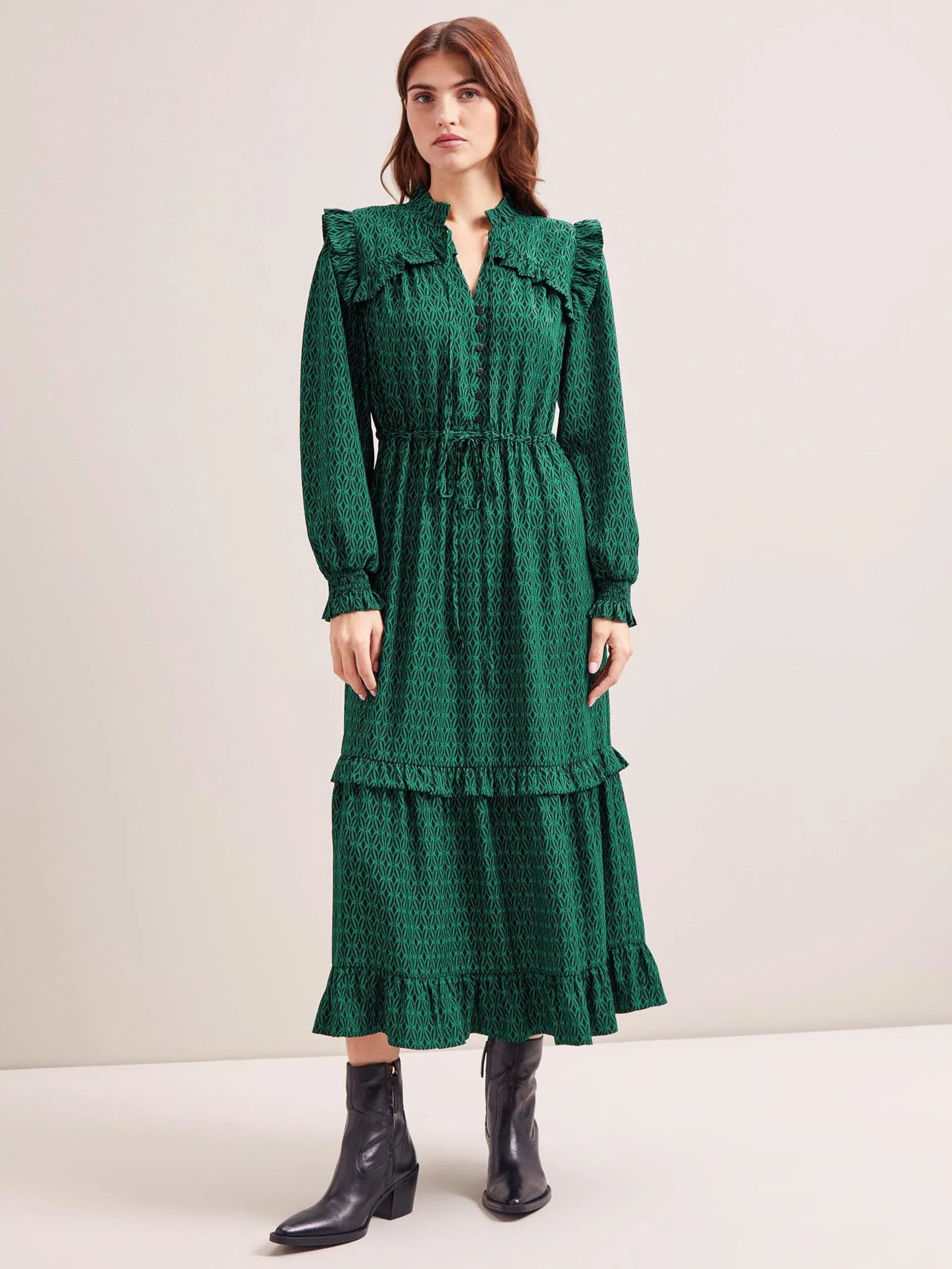 Green and black trellis print Loretta maxi dress