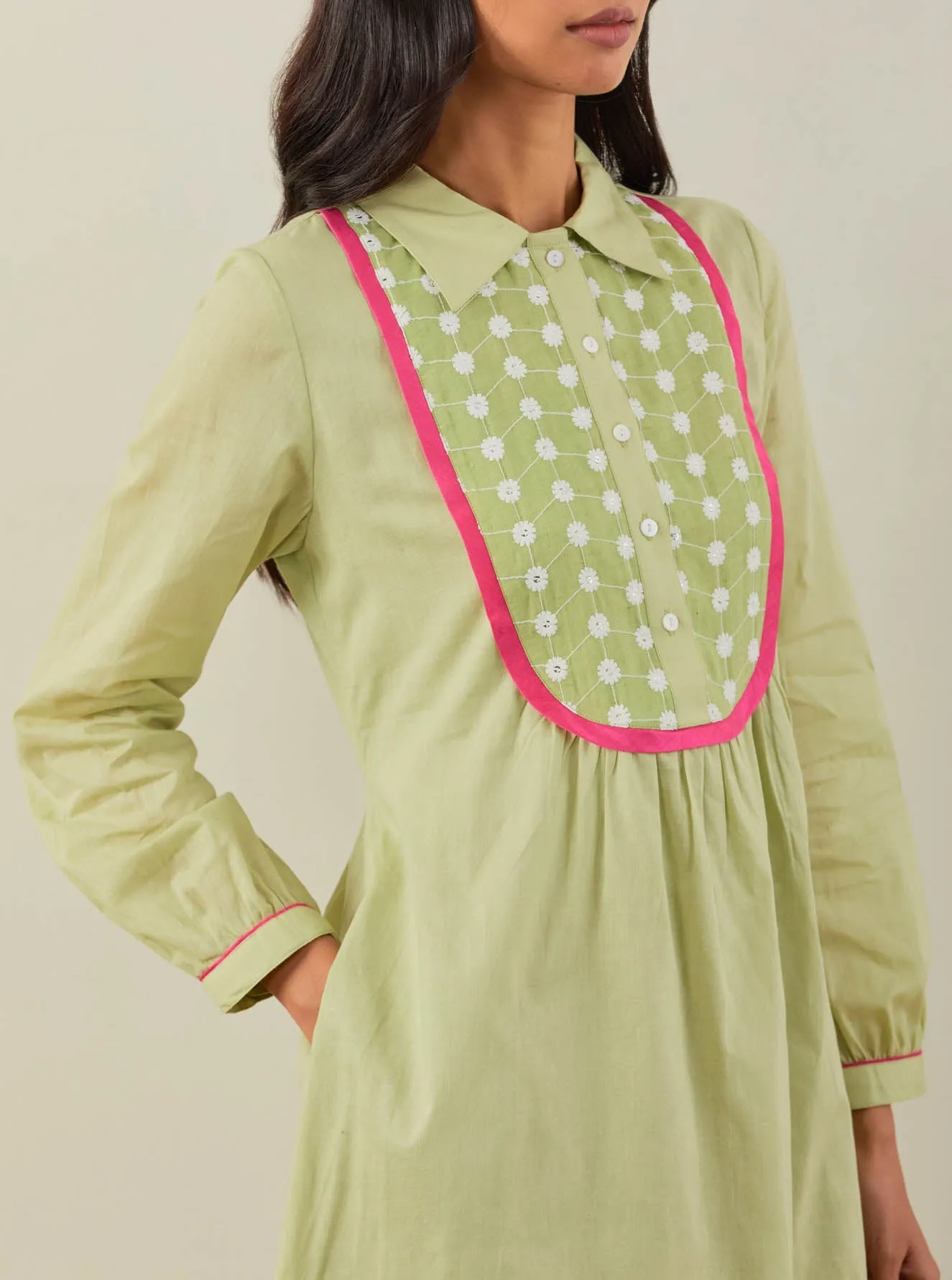 Green Plain Zaid Collared Long Dress With Chikankari Yoke