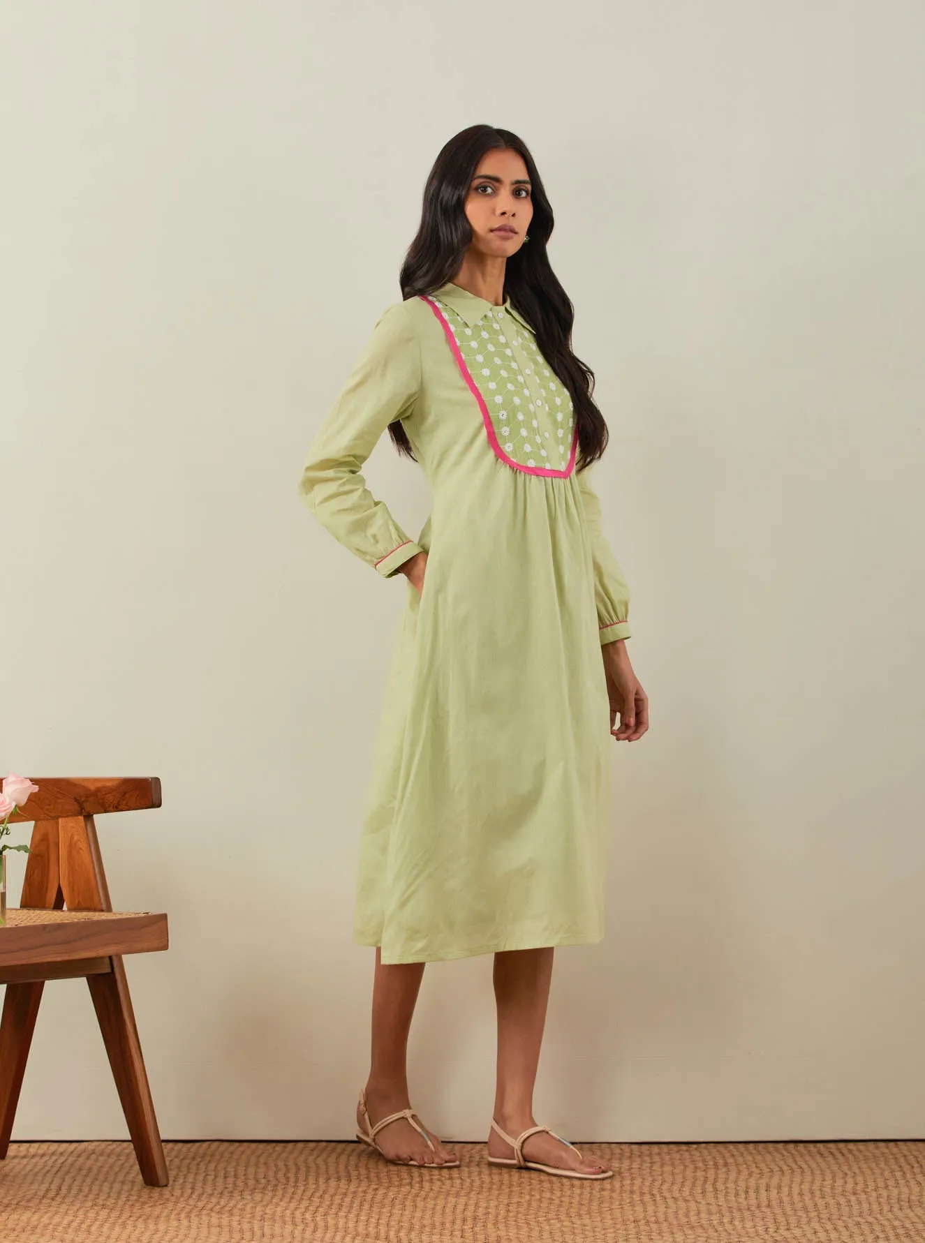 Green Plain Zaid Collared Long Dress With Chikankari Yoke