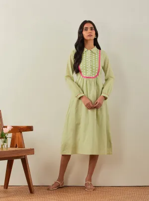 Green Plain Zaid Collared Long Dress With Chikankari Yoke