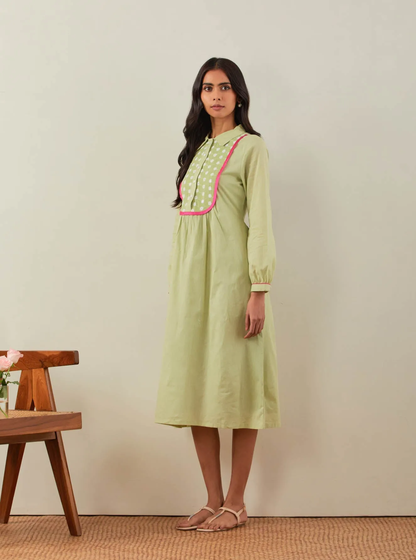 Green Plain Zaid Collared Long Dress With Chikankari Yoke