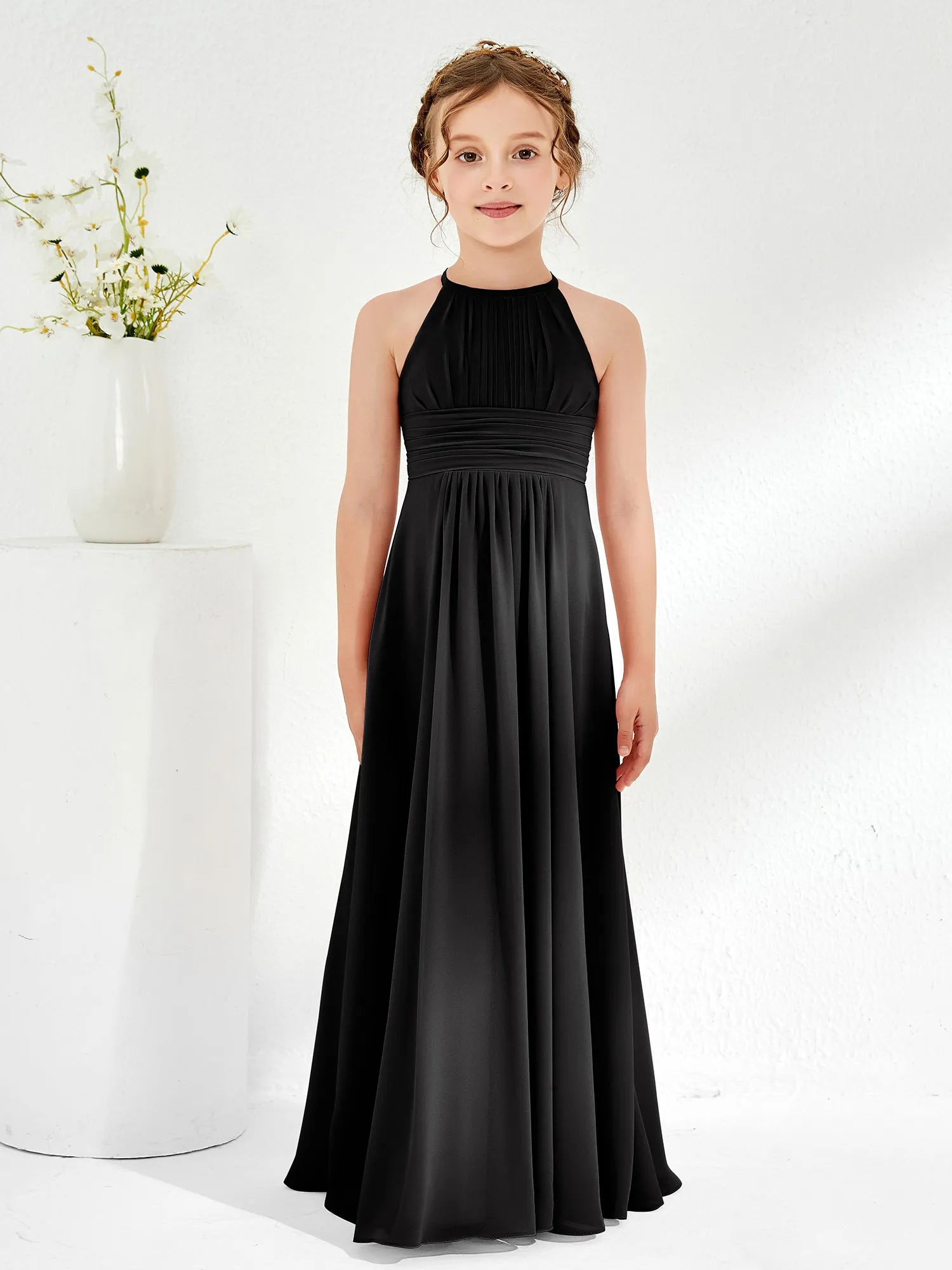 Halter Chiffon Junior Bridesmaid Dresses Black