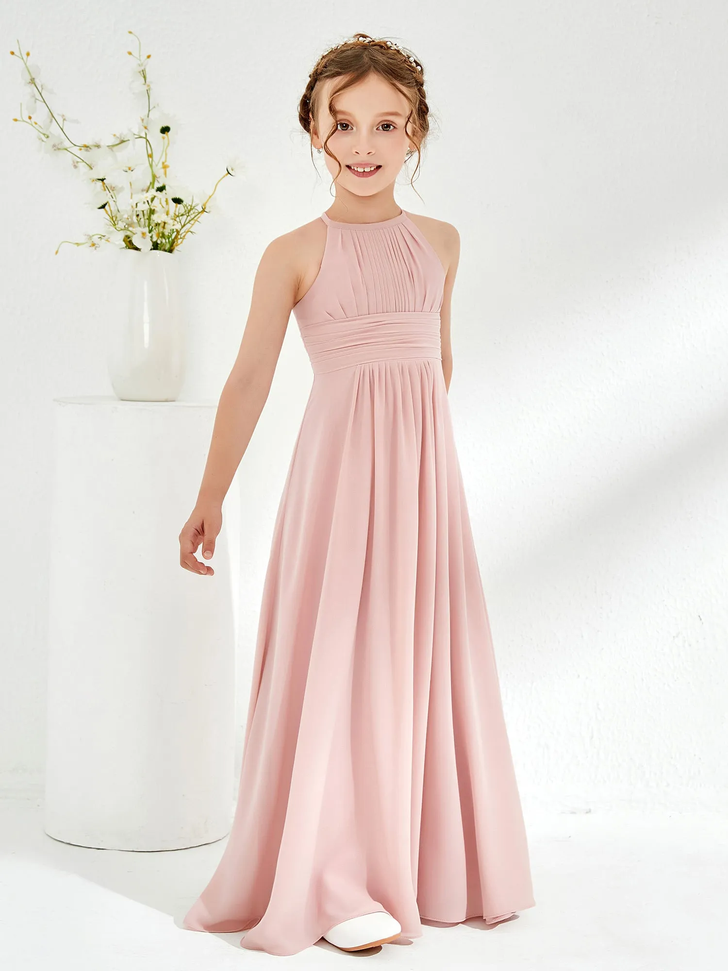 Halter Chiffon Junior Bridesmaid Dresses Dusty Rose