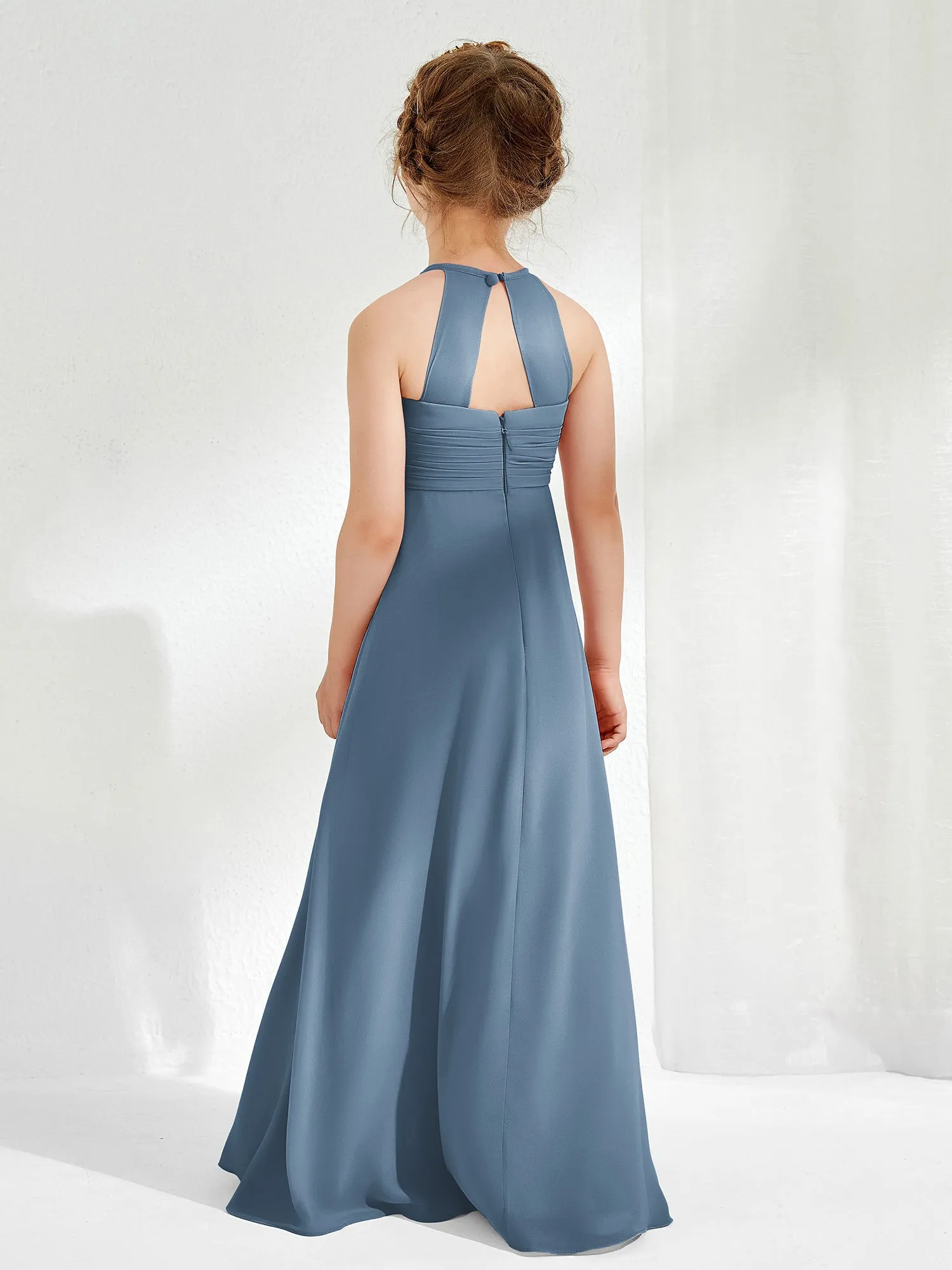 Halter Chiffon Junior Bridesmaid Dresses Slate Blue