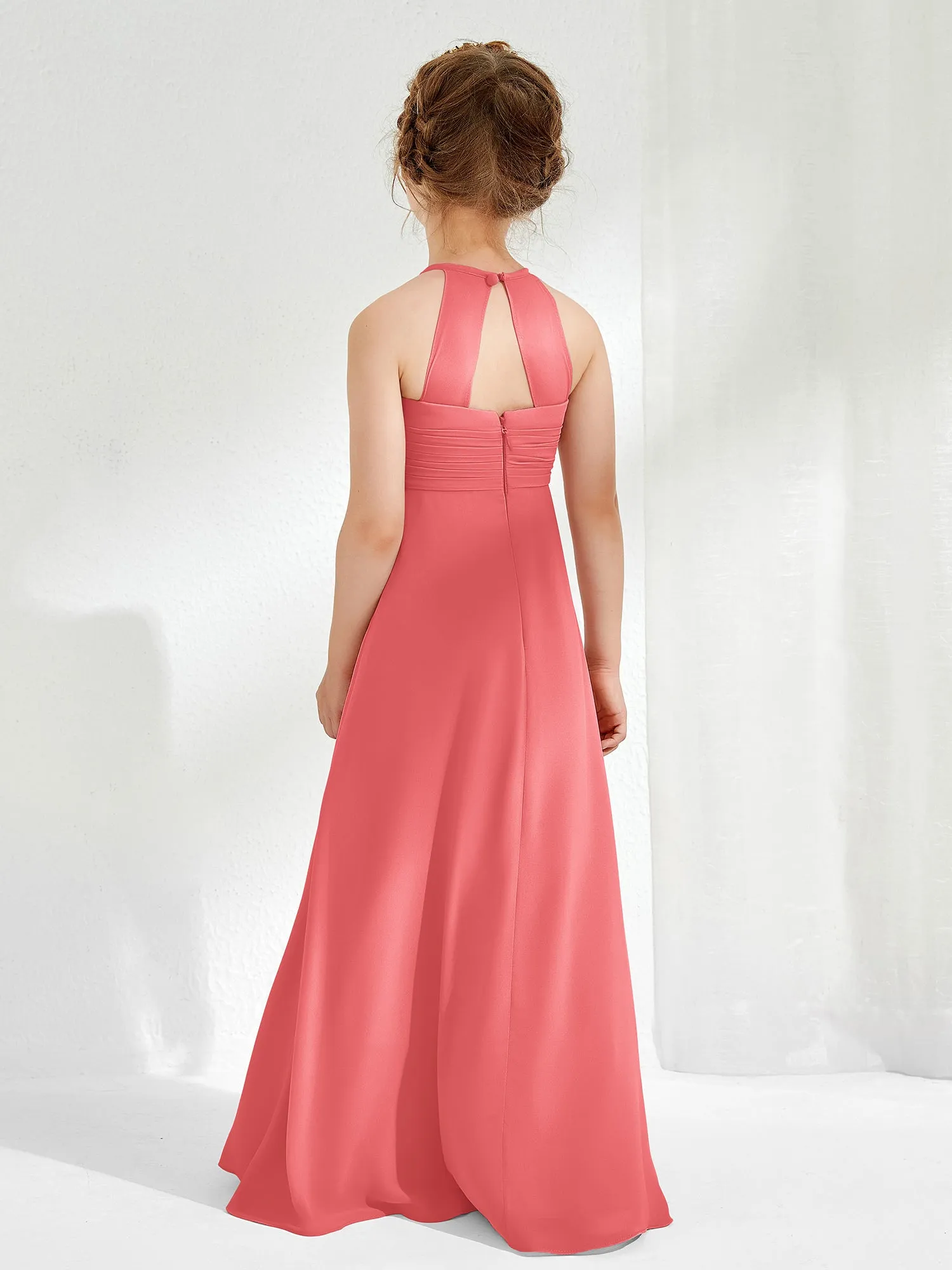 Halter Chiffon Junior Bridesmaid Dresses Watermelon