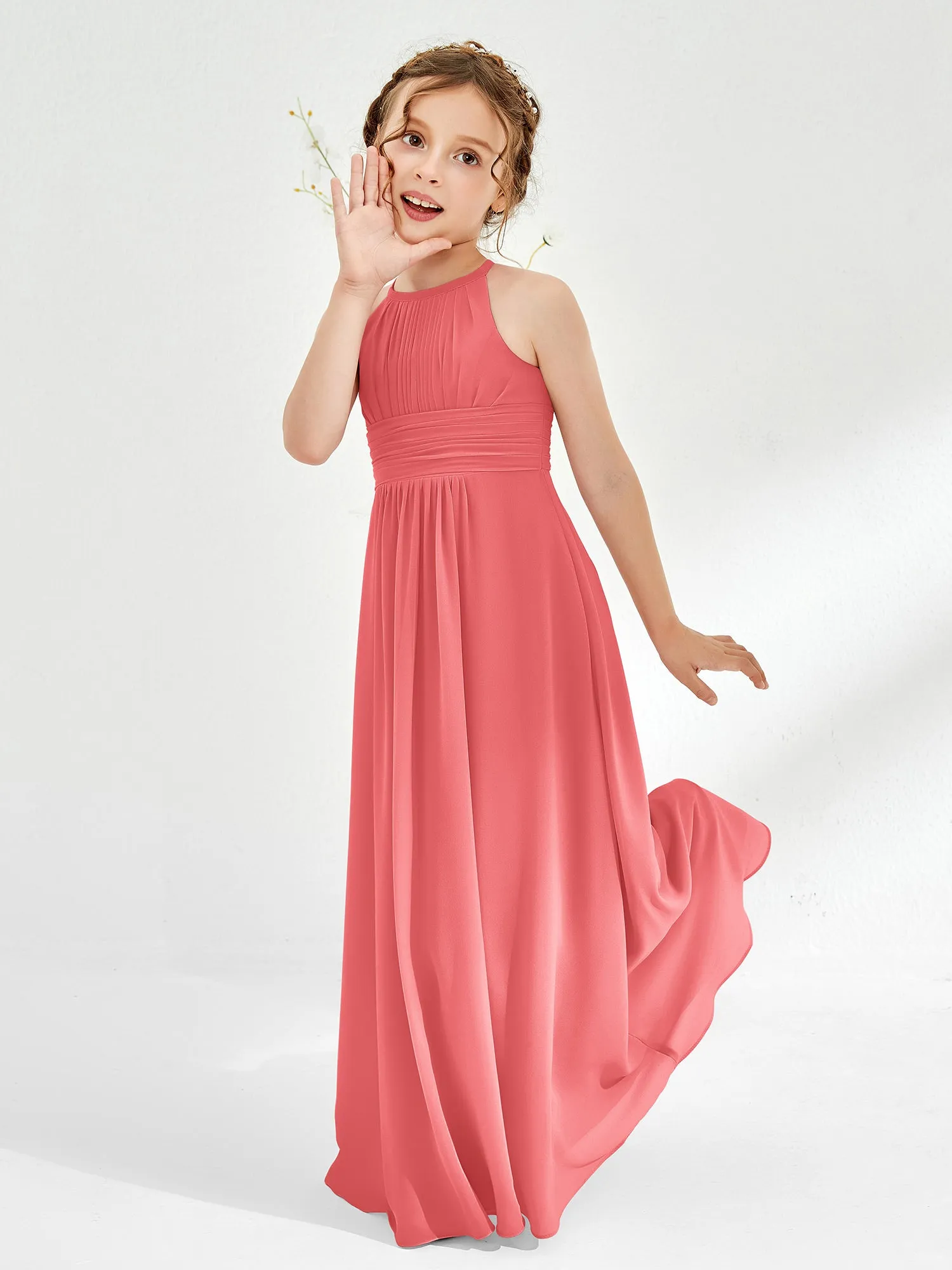 Halter Chiffon Junior Bridesmaid Dresses Watermelon