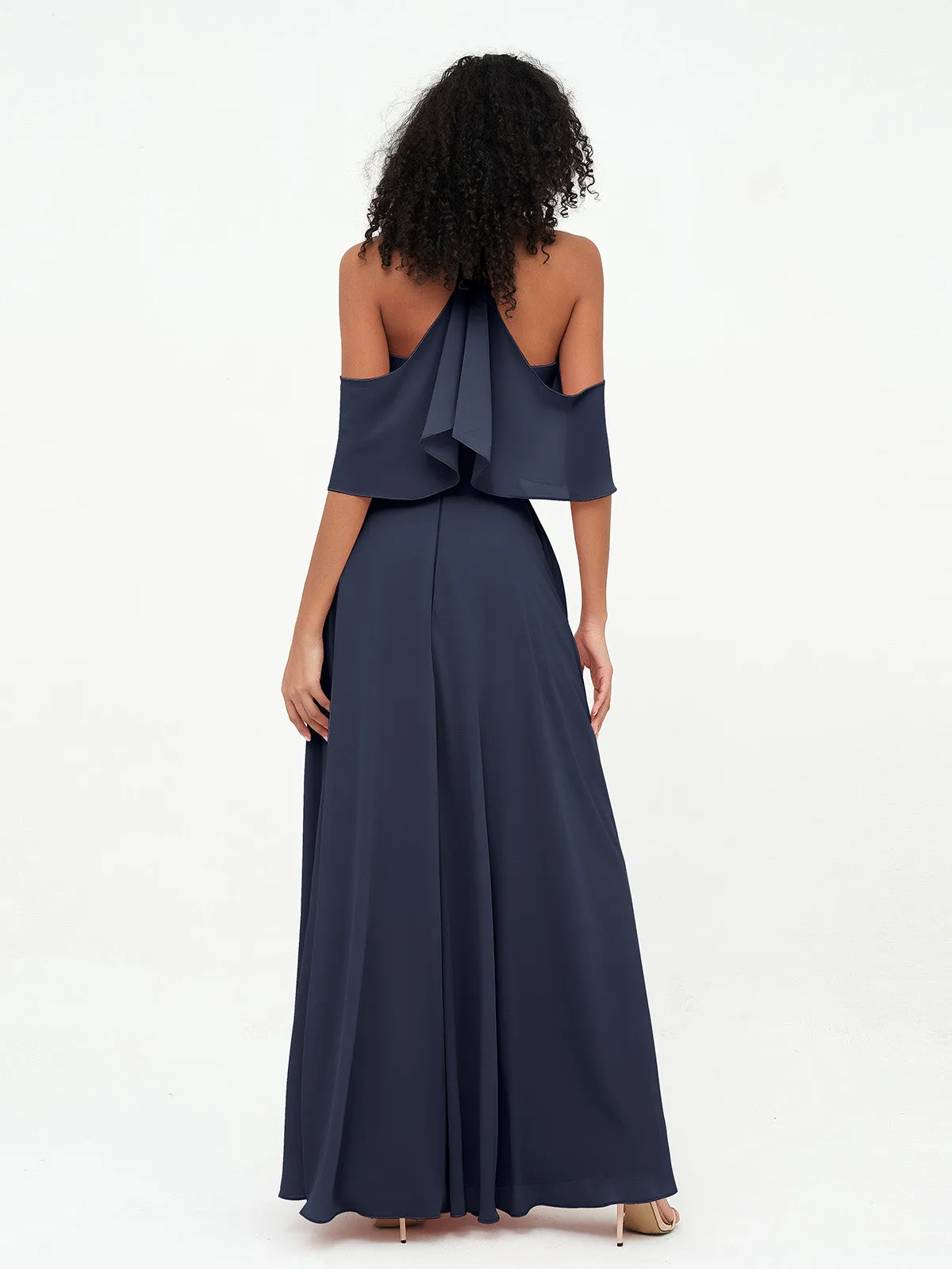 Halter Off the Shoulder Max Dresses with Pockets-Dark Navy