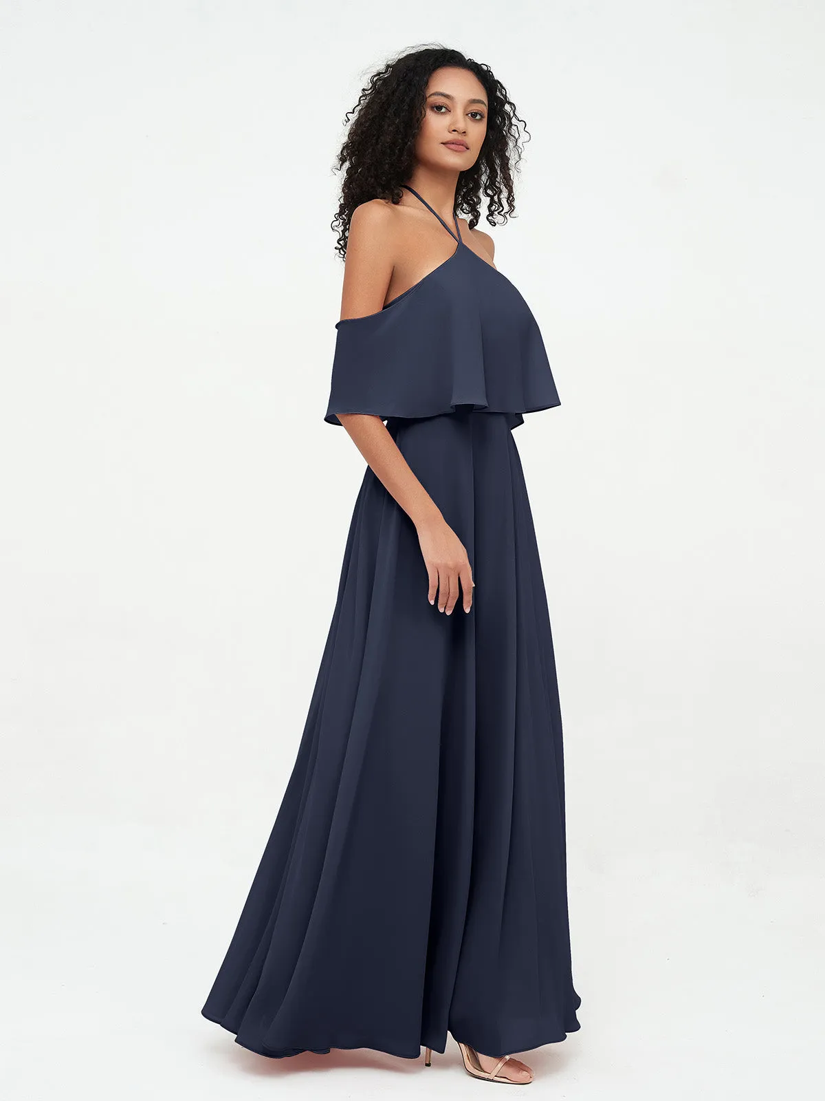 Halter Off the Shoulder Max Dresses with Pockets-Dark Navy