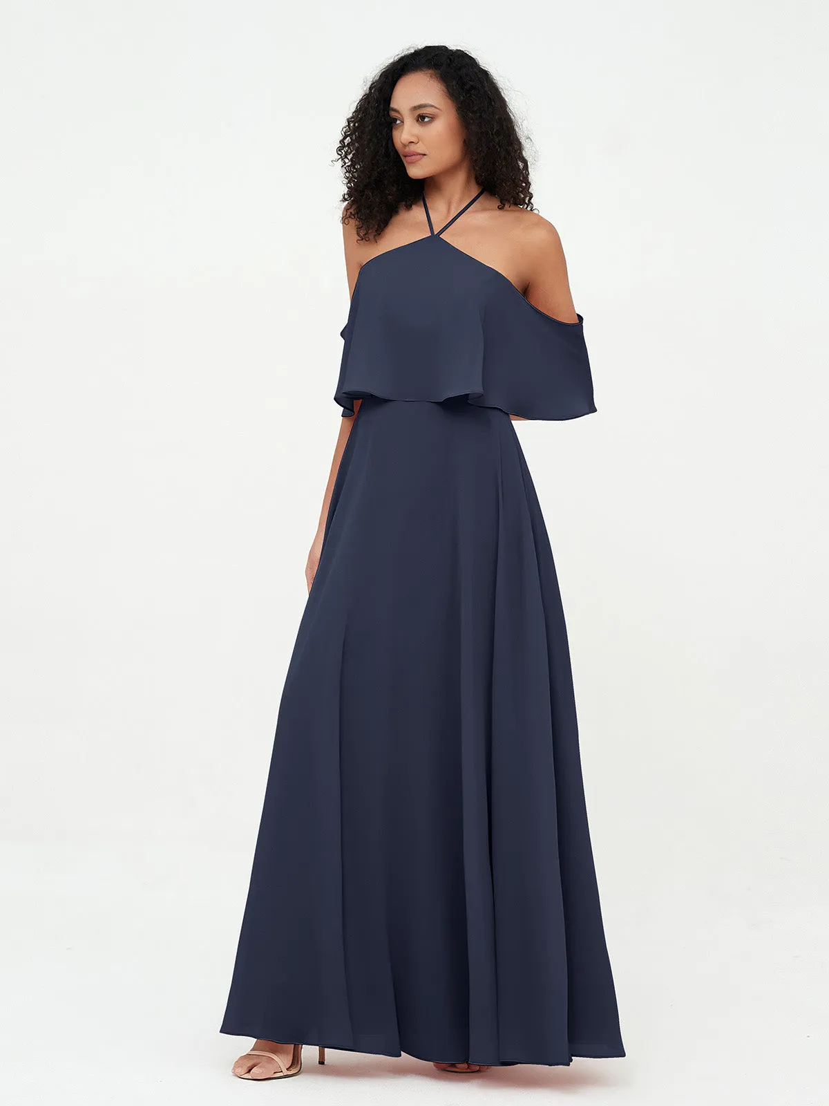 Halter Off the Shoulder Max Dresses with Pockets-Dark Navy