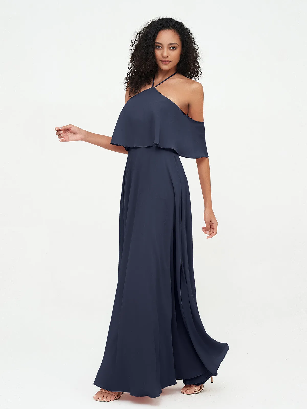 Halter Off the Shoulder Max Dresses with Pockets-Dark Navy