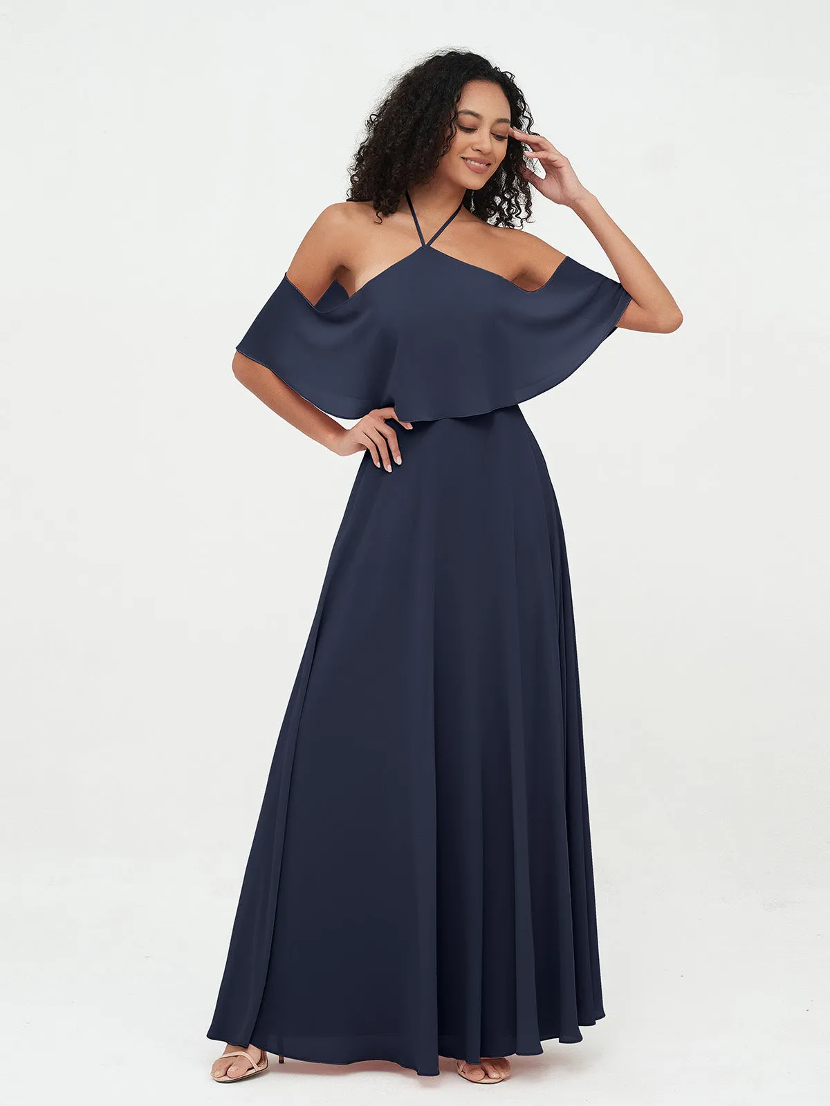 Halter Off the Shoulder Max Dresses with Pockets-Dark Navy