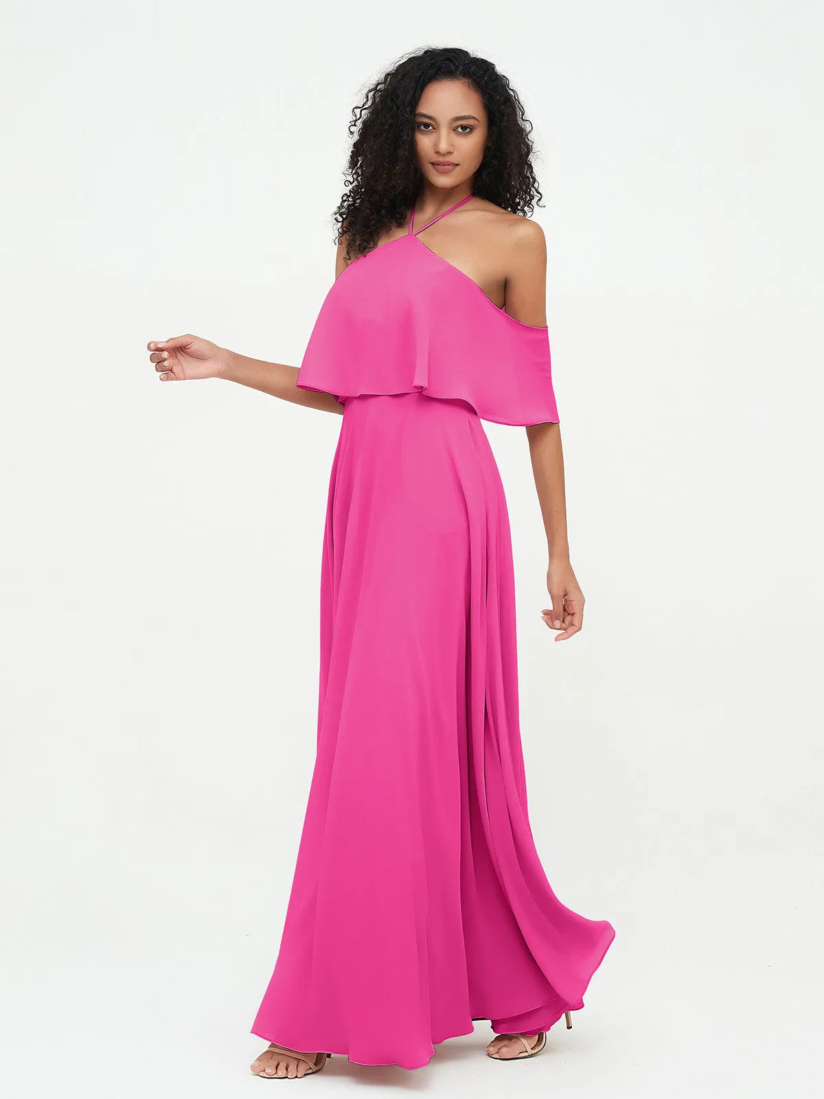 Halter Off the Shoulder Max Dresses with Pockets-Fuchsia Plus Size