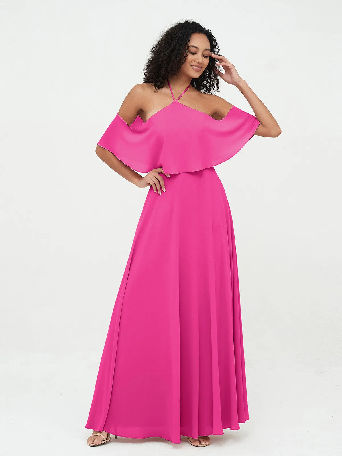 Halter Off the Shoulder Max Dresses with Pockets-Fuchsia Plus Size