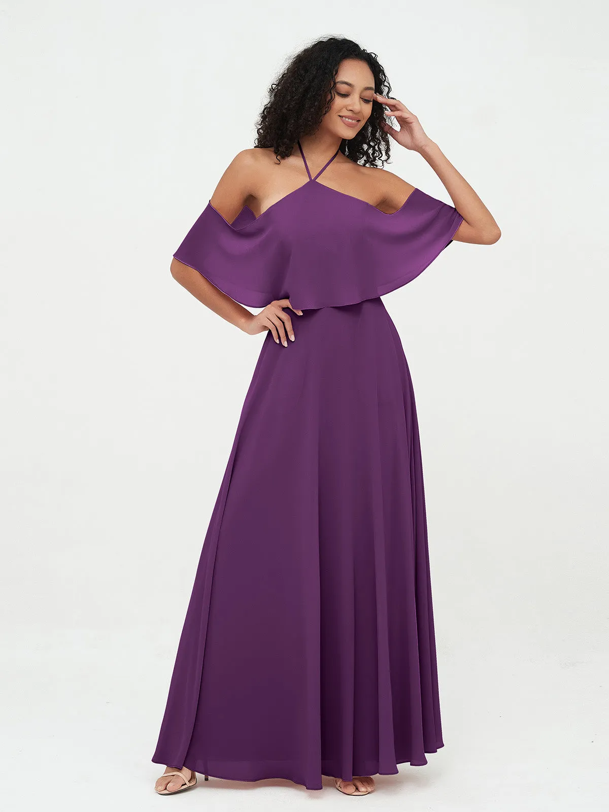 Halter Off the Shoulder Max Dresses with Pockets-Grape