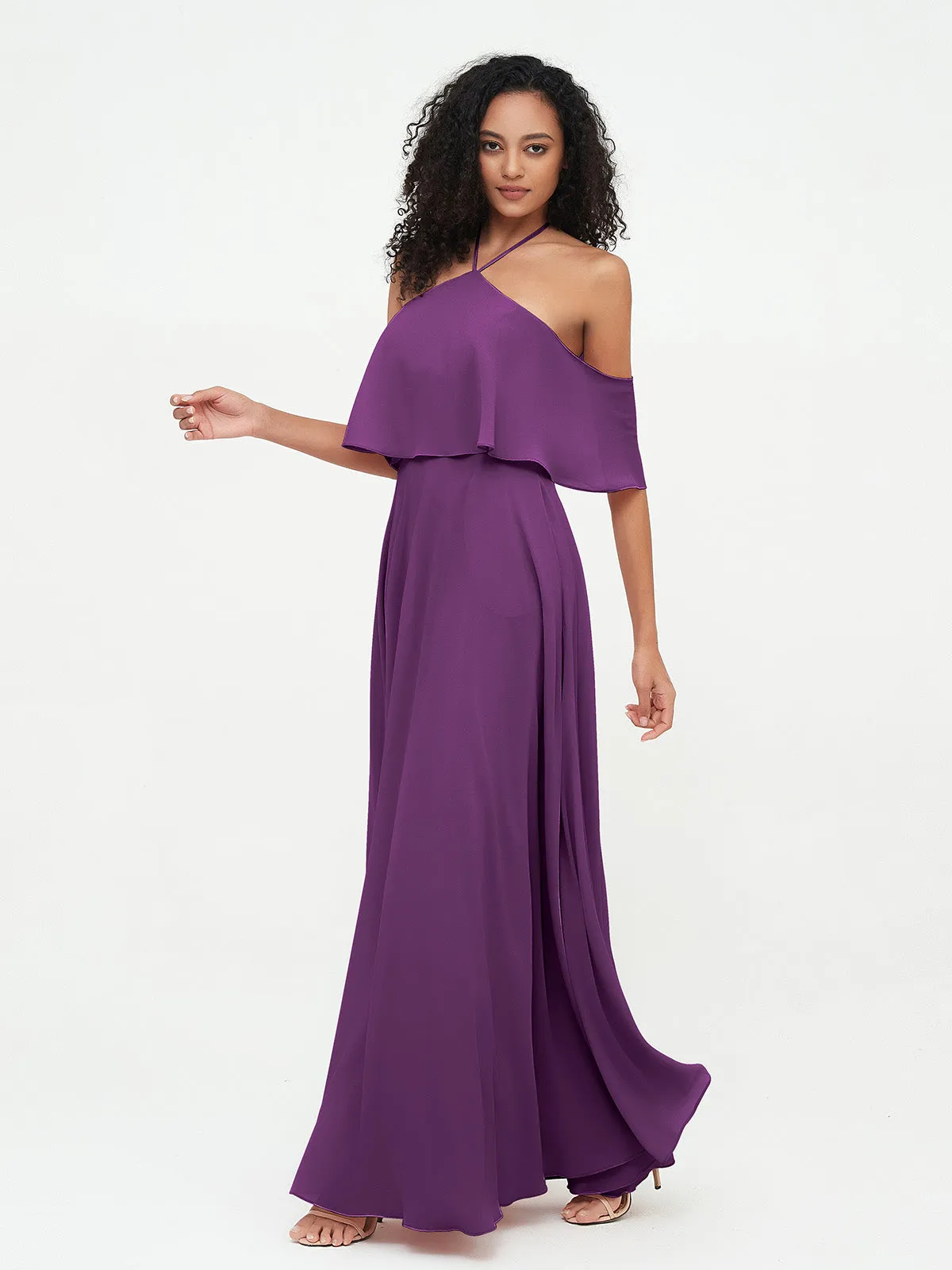 Halter Off the Shoulder Max Dresses with Pockets-Grape