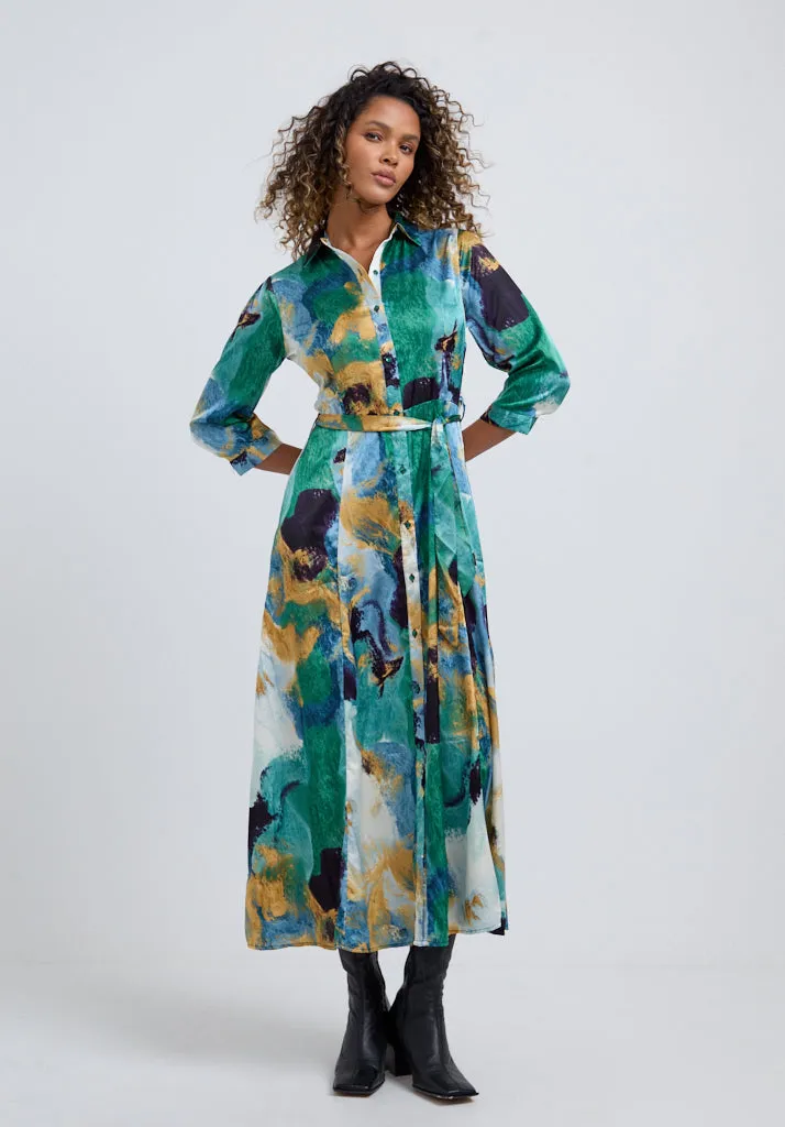 Hazel Button Down Painterly Print Midi Dress In Green