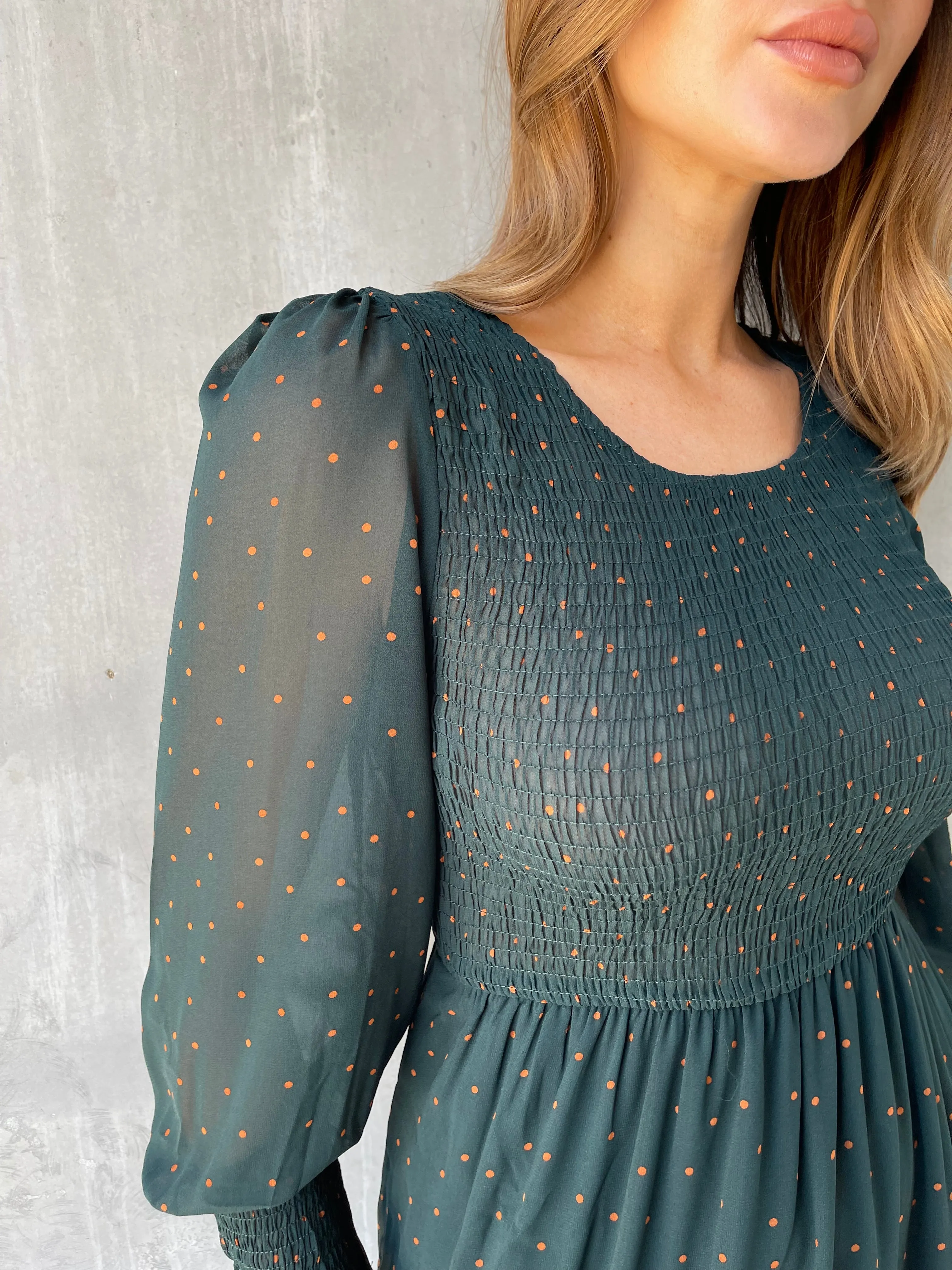 Henley 3/4 Green/Gold Polka Print Chiffon Shirred Midi Dress