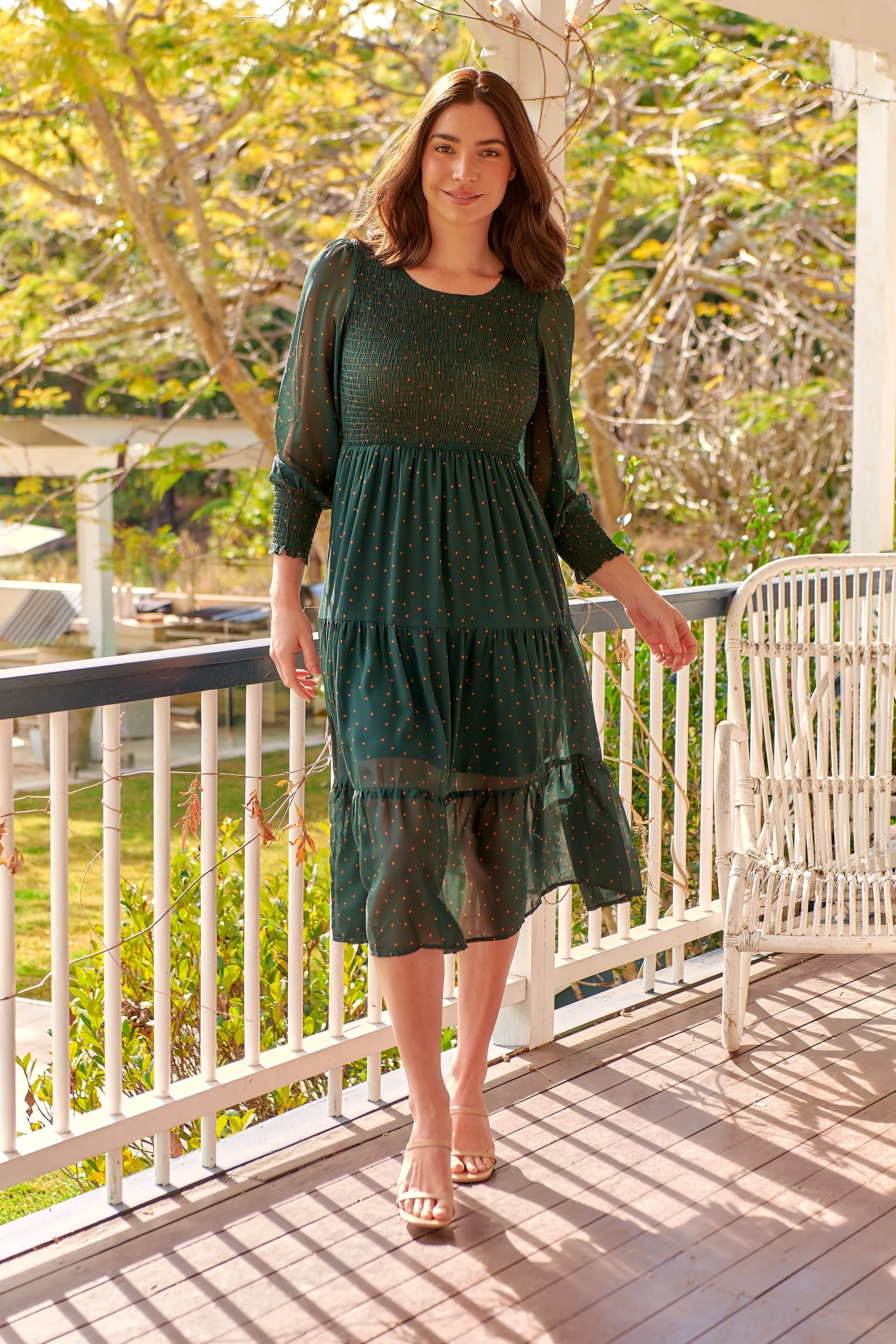 Henley 3/4 Green/Gold Polka Print Chiffon Shirred Midi Dress