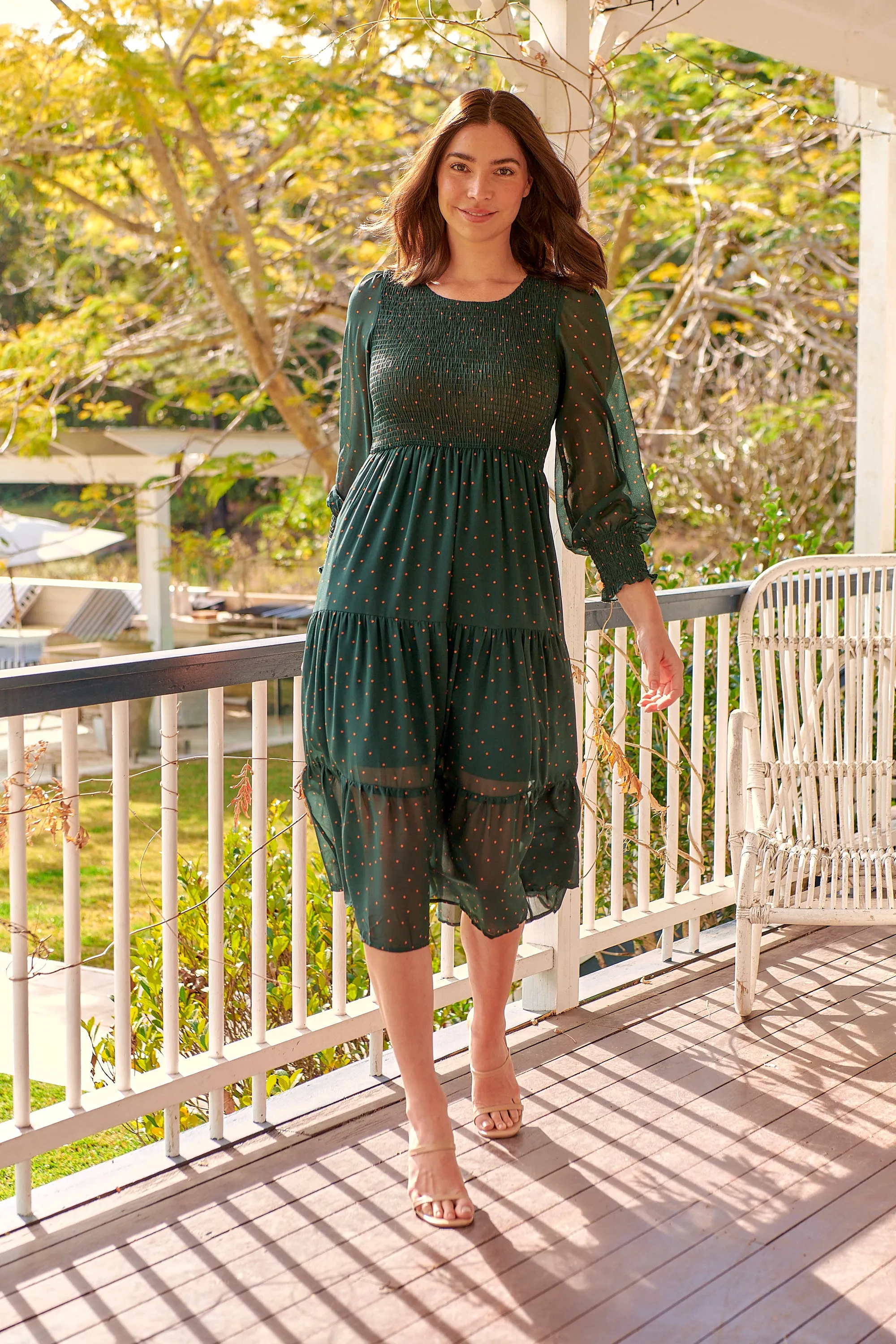 Henley 3/4 Green/Gold Polka Print Chiffon Shirred Midi Dress