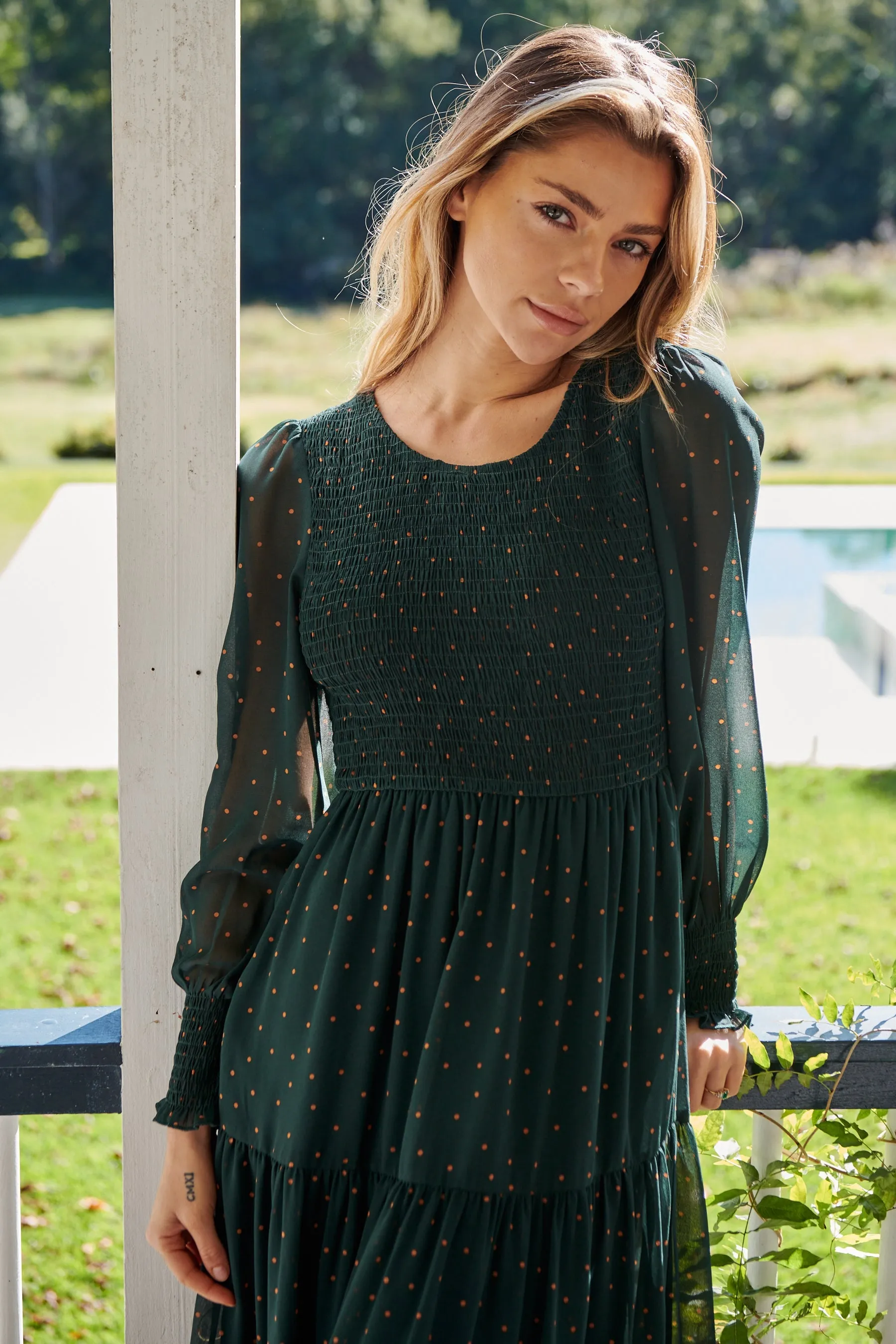 Henley 3/4 Green/Gold Polka Print Chiffon Shirred Midi Dress