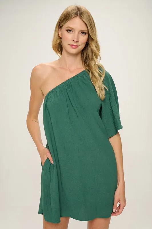 Hunter Green One Shoulder Crinkle Woven Dress