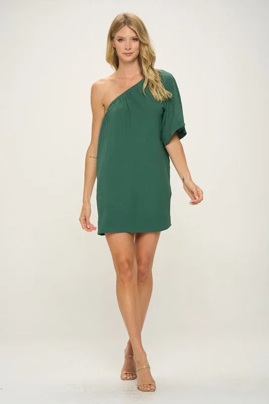 Hunter Green One Shoulder Crinkle Woven Dress