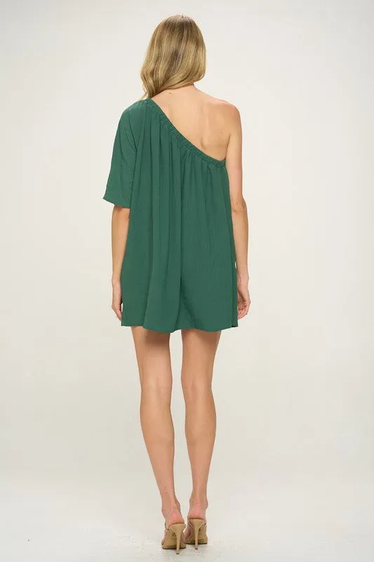 Hunter Green One Shoulder Crinkle Woven Dress