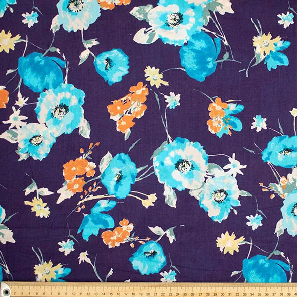 Japanese Pure Cotton Lawn Prints DF-229 Blue Flowers on Purple