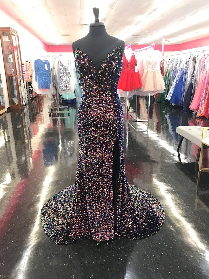 Johnathan Kayne 2529 Size 4 Cotton Candy Sequin Embellished Velvet Formal Pageant Dress Slit V Neck Train