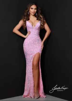 Johnathan Kayne 2529 Size 4 Cotton Candy Sequin Embellished Velvet Formal Pageant Dress Slit V Neck Train