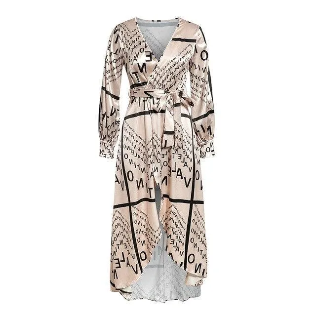 JuliaFashion - 2024 Vintage Letter Printed Long Sleeve Wrap Dress