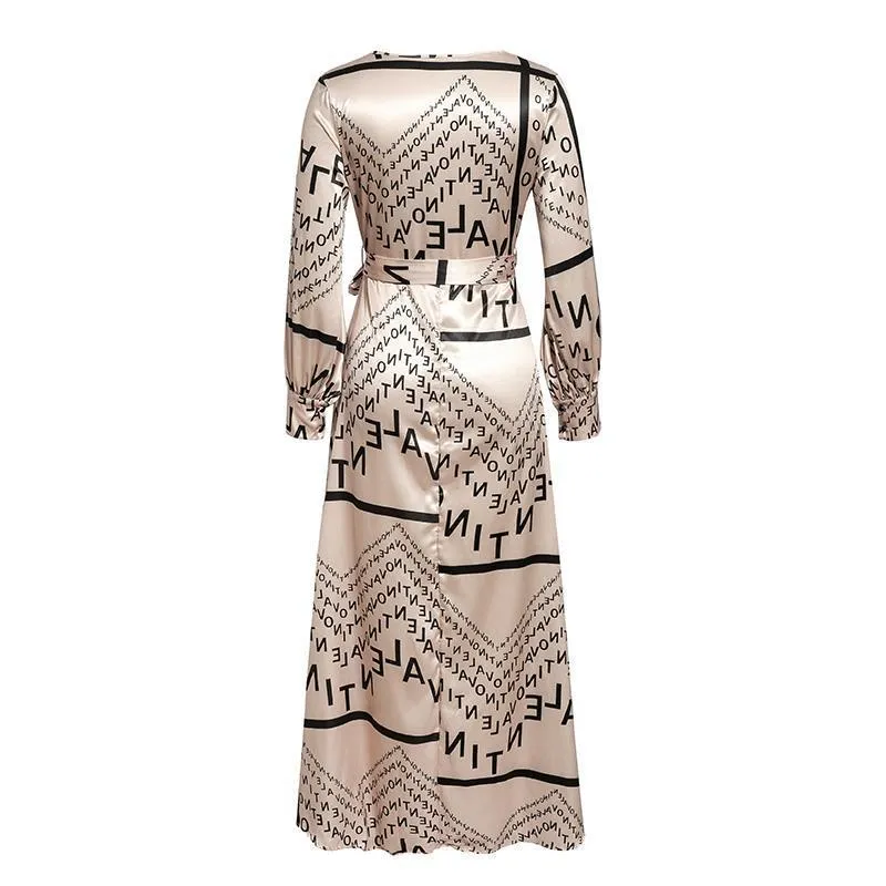 JuliaFashion - 2024 Vintage Letter Printed Long Sleeve Wrap Dress