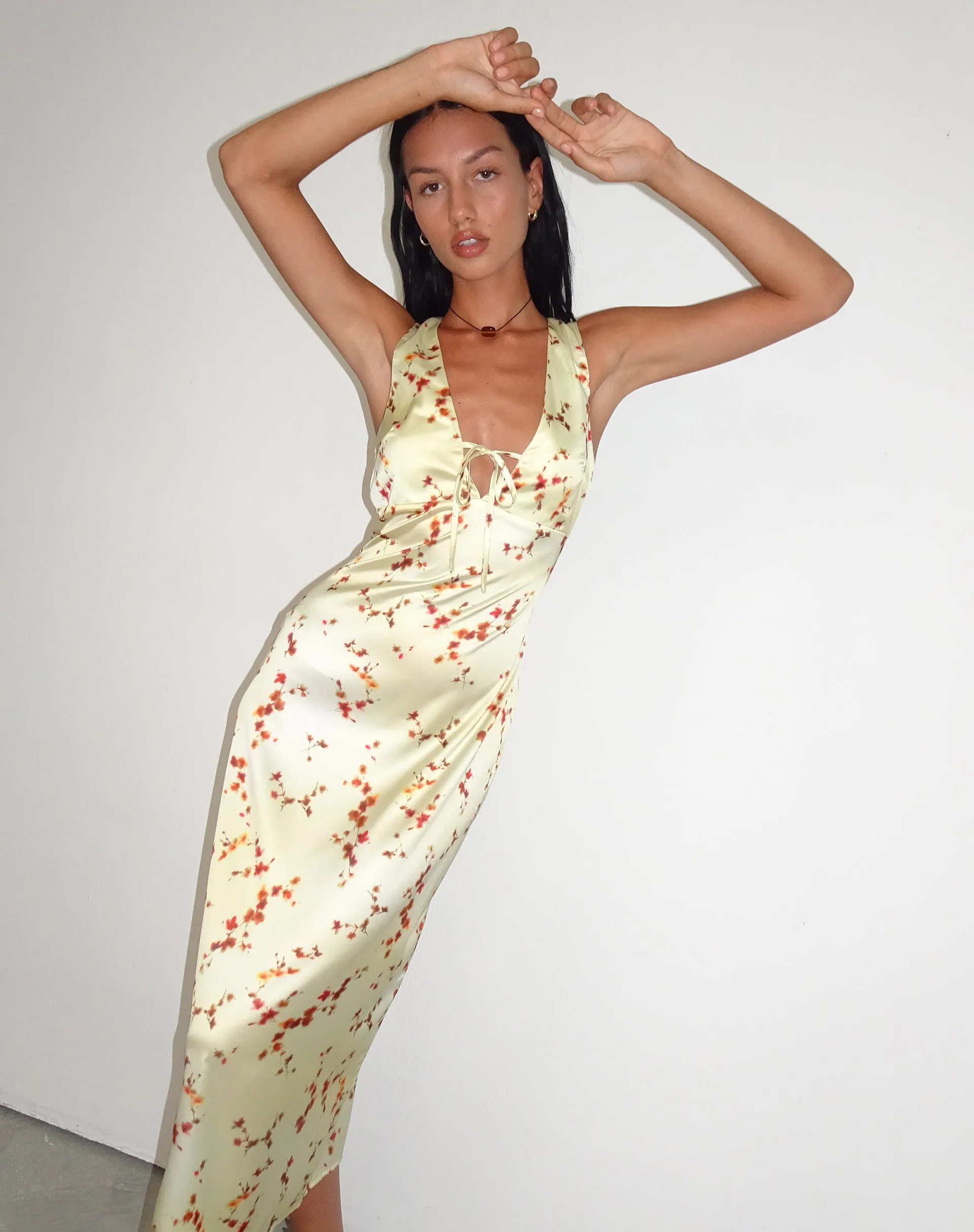 Lasanda Maxi Satin Dress in Bohemian Floral Yellow