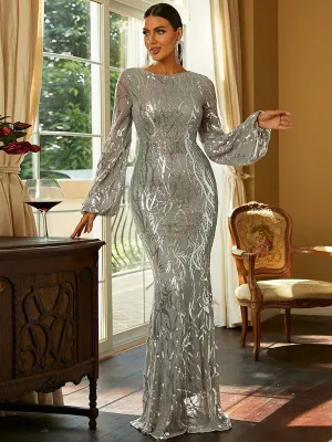 Long Sleeve Maxi Grey Mermaid Sequin Dress XJ1500