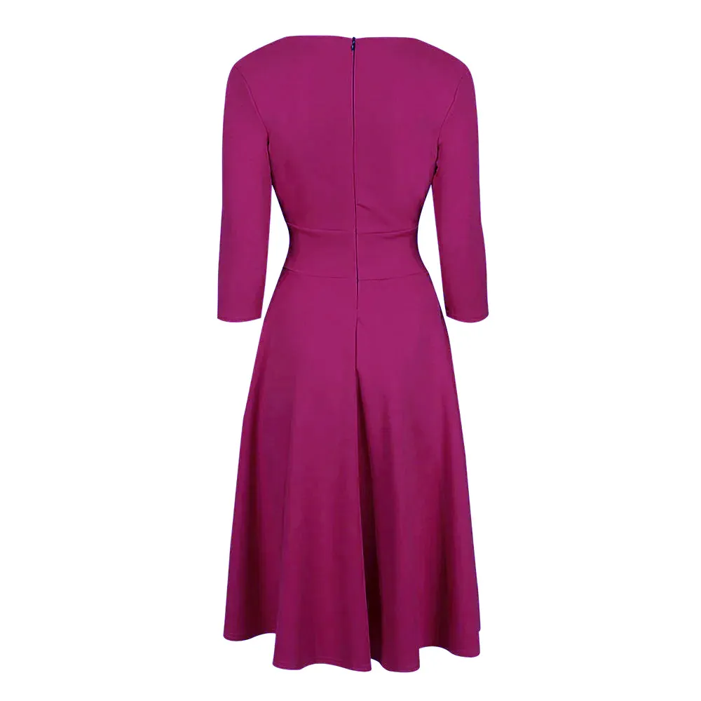 Magenta Crossover Top 3/4 Sleeve A Line 50s Tea Swing Dress