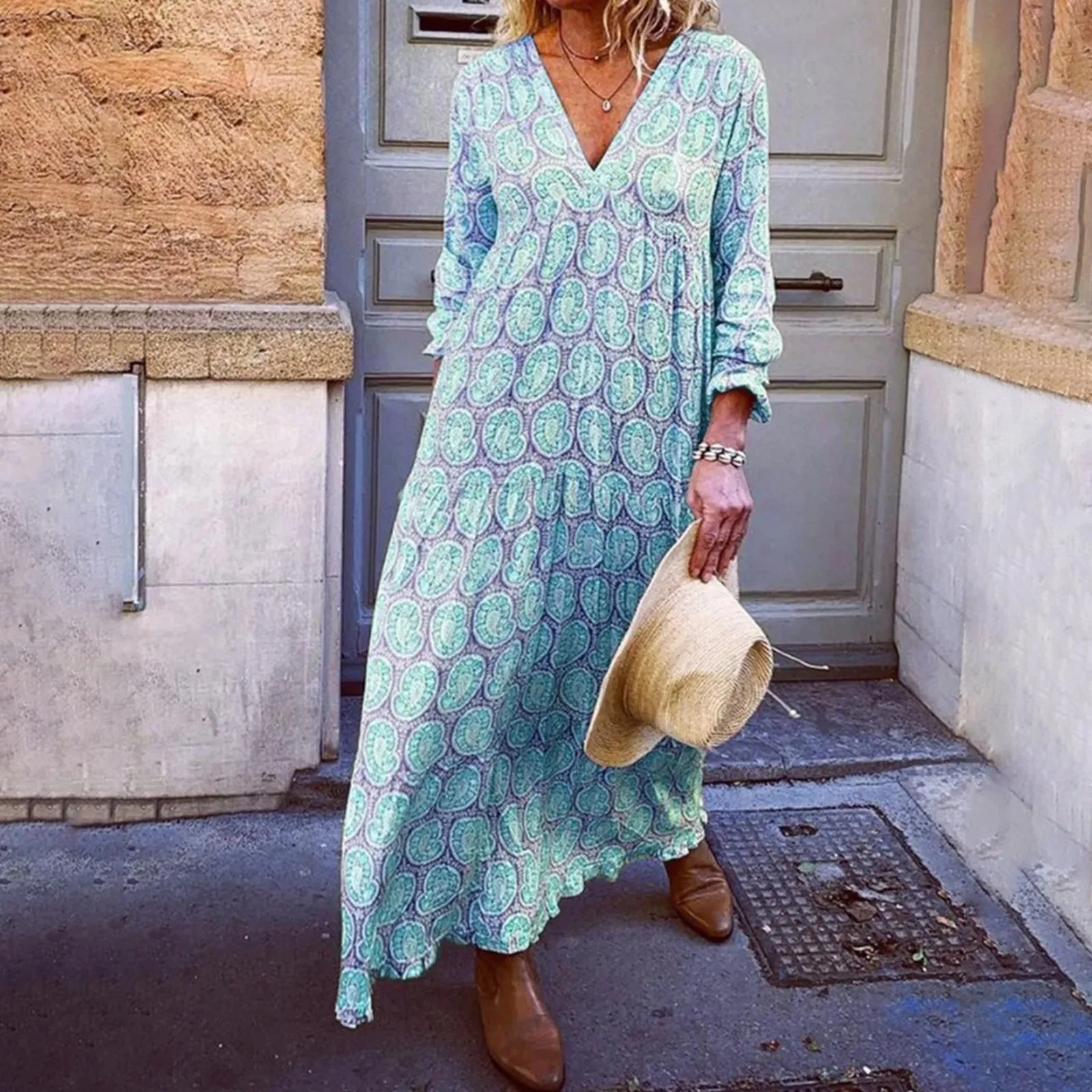 Maxi Loose Geometric Print Vintage Summer Long Casual Boho Dress