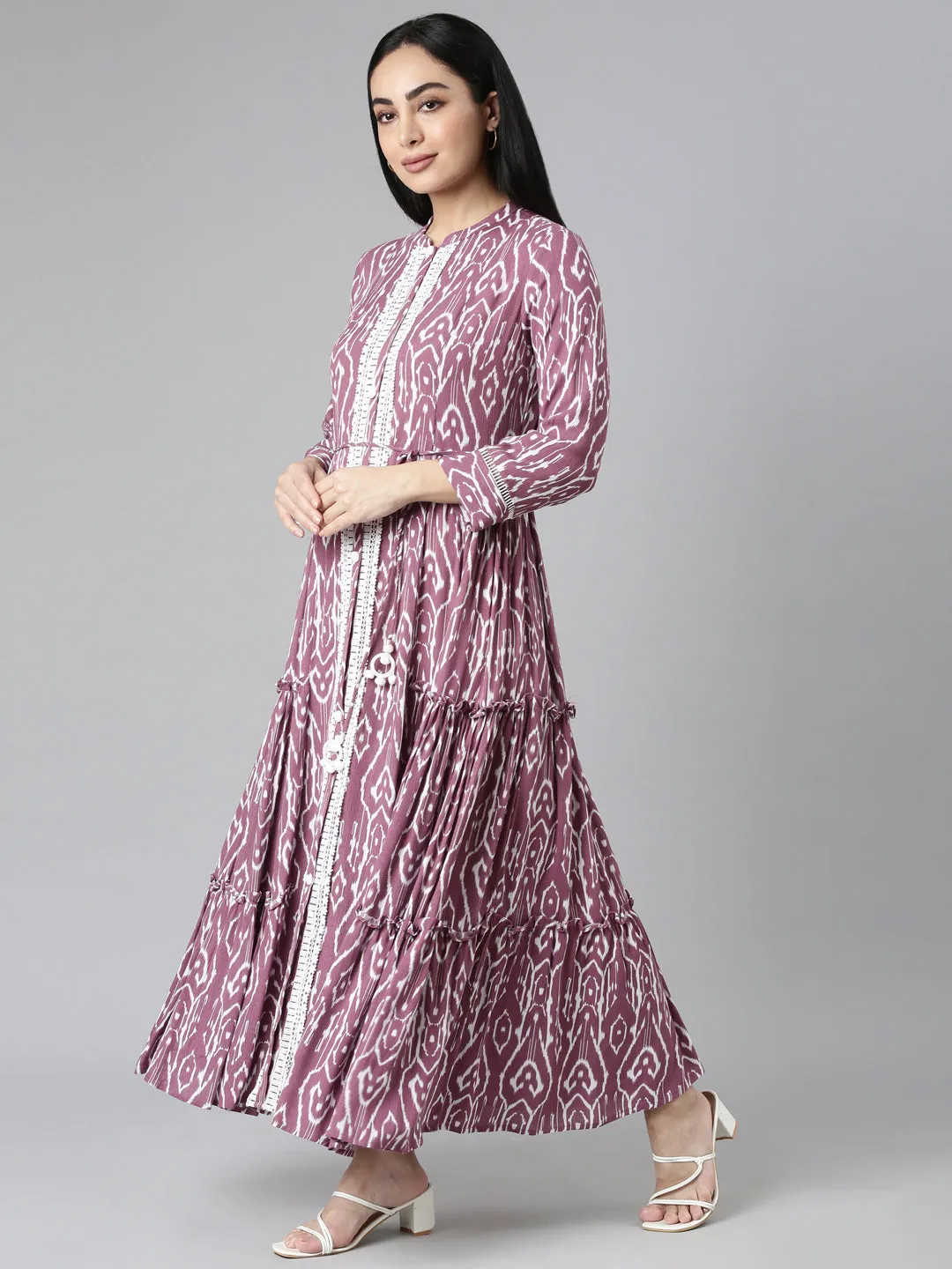 Neerus Purple Flared Casual Ethnic Motifs Maxi Dresses