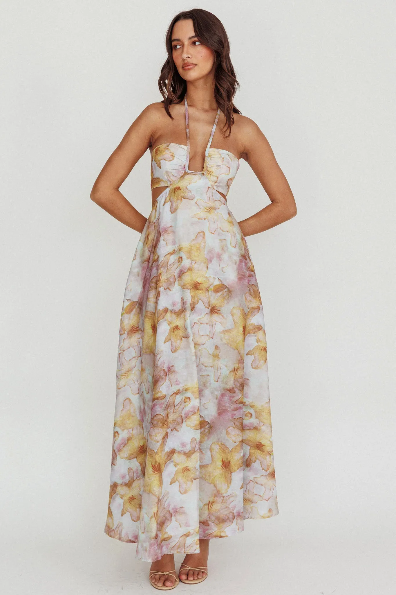 Onika Cut-Out Tied Back Floral Maxi Dress Yellow