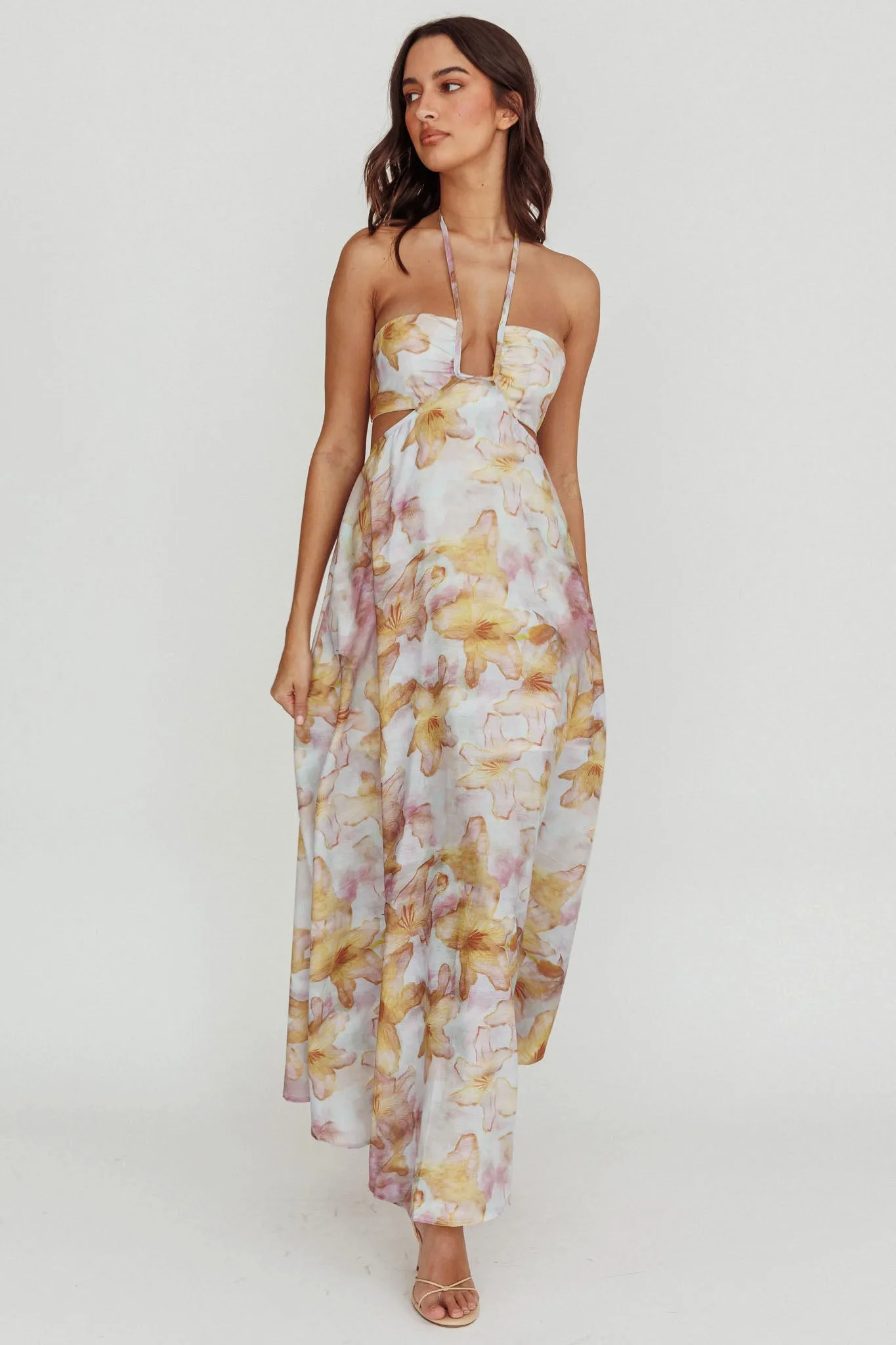 Onika Cut-Out Tied Back Floral Maxi Dress Yellow