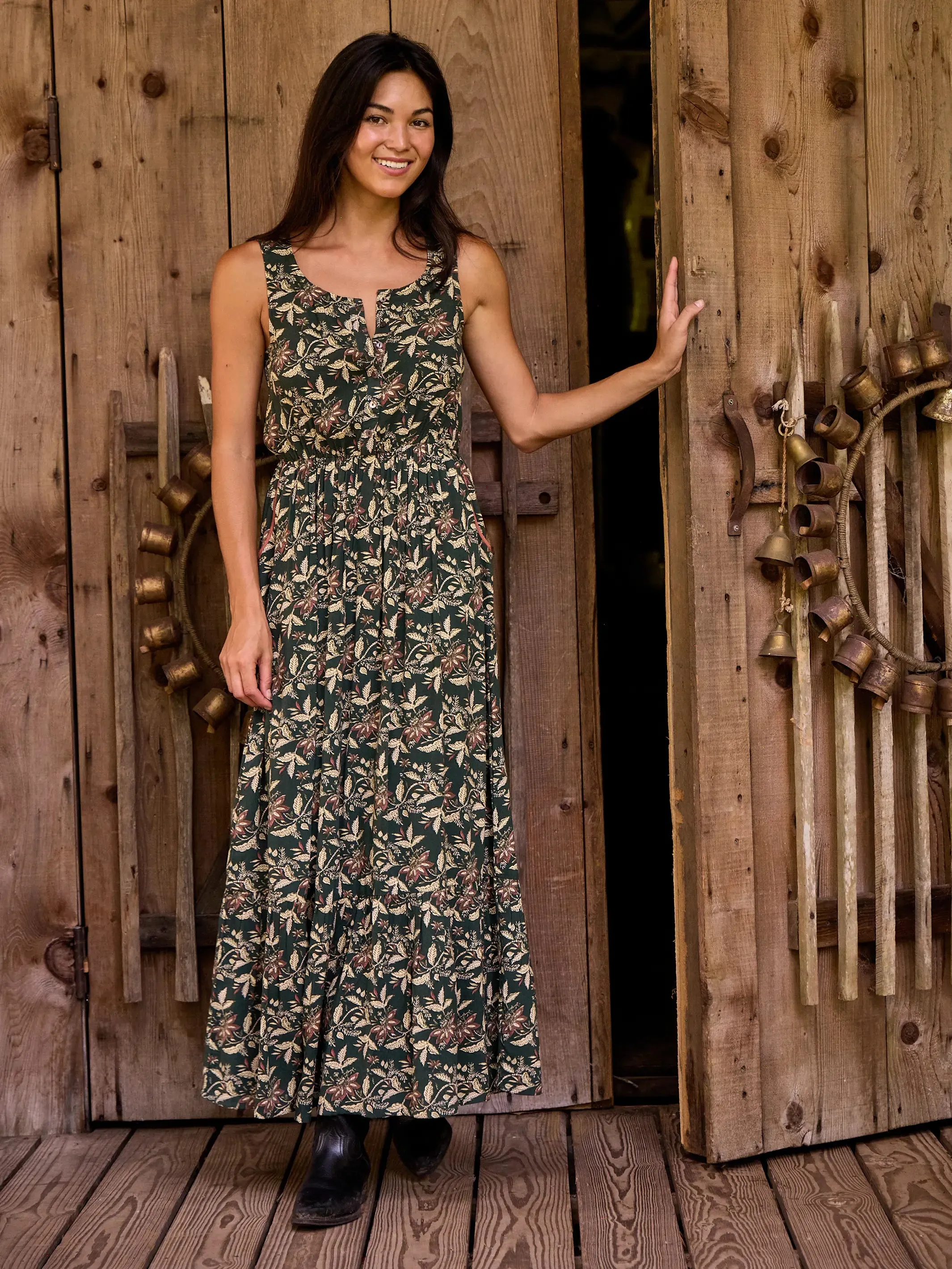 Paige Maxi Dress - Dark Olive Tan Leaf