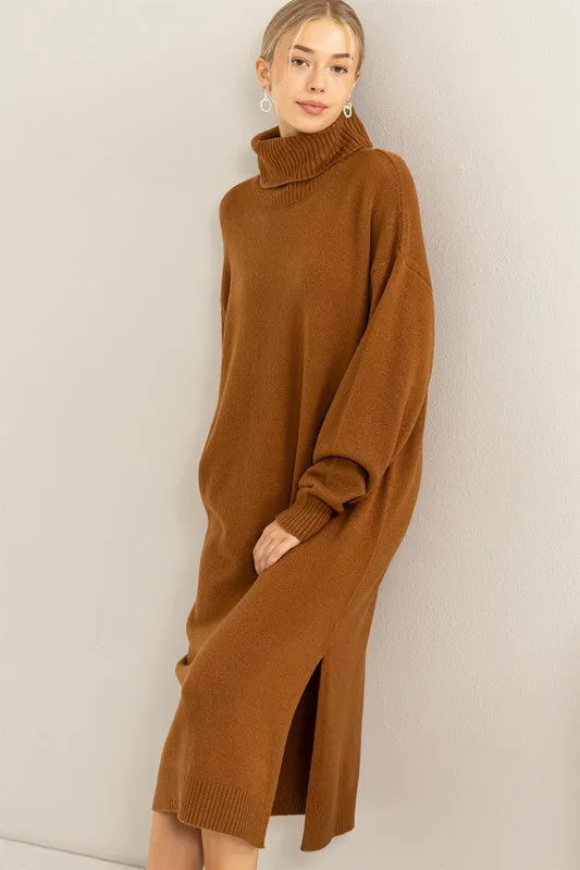 Pale Brown Too Cute Turtleneck Sweater Midi Dress