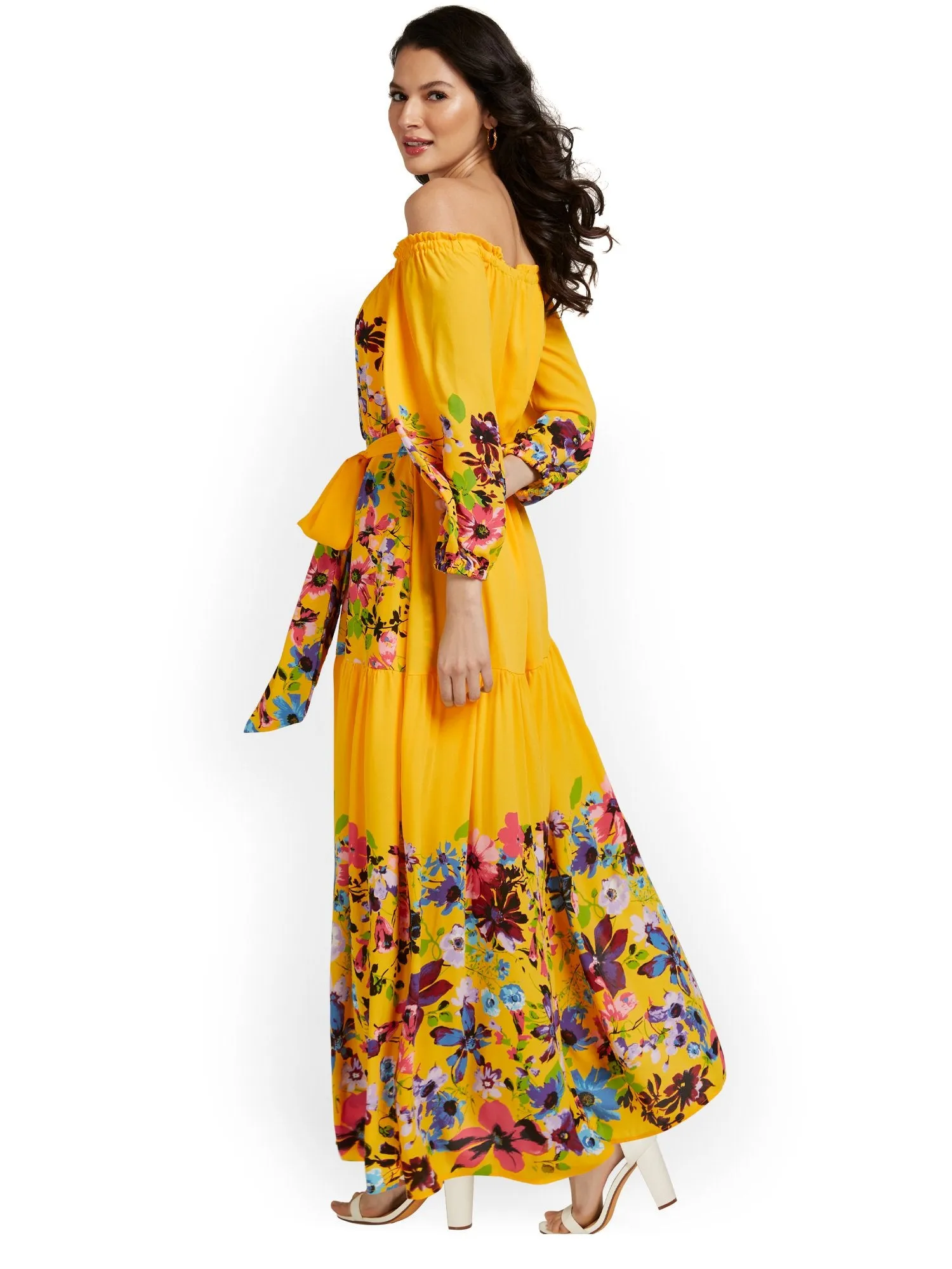 Petite Floral-Print Off-The-Shoulder Maxi Dress