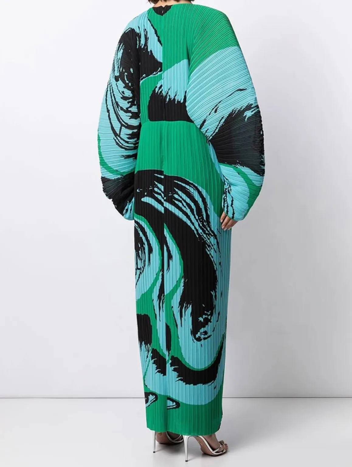 Pleats print dress in green and turquoise